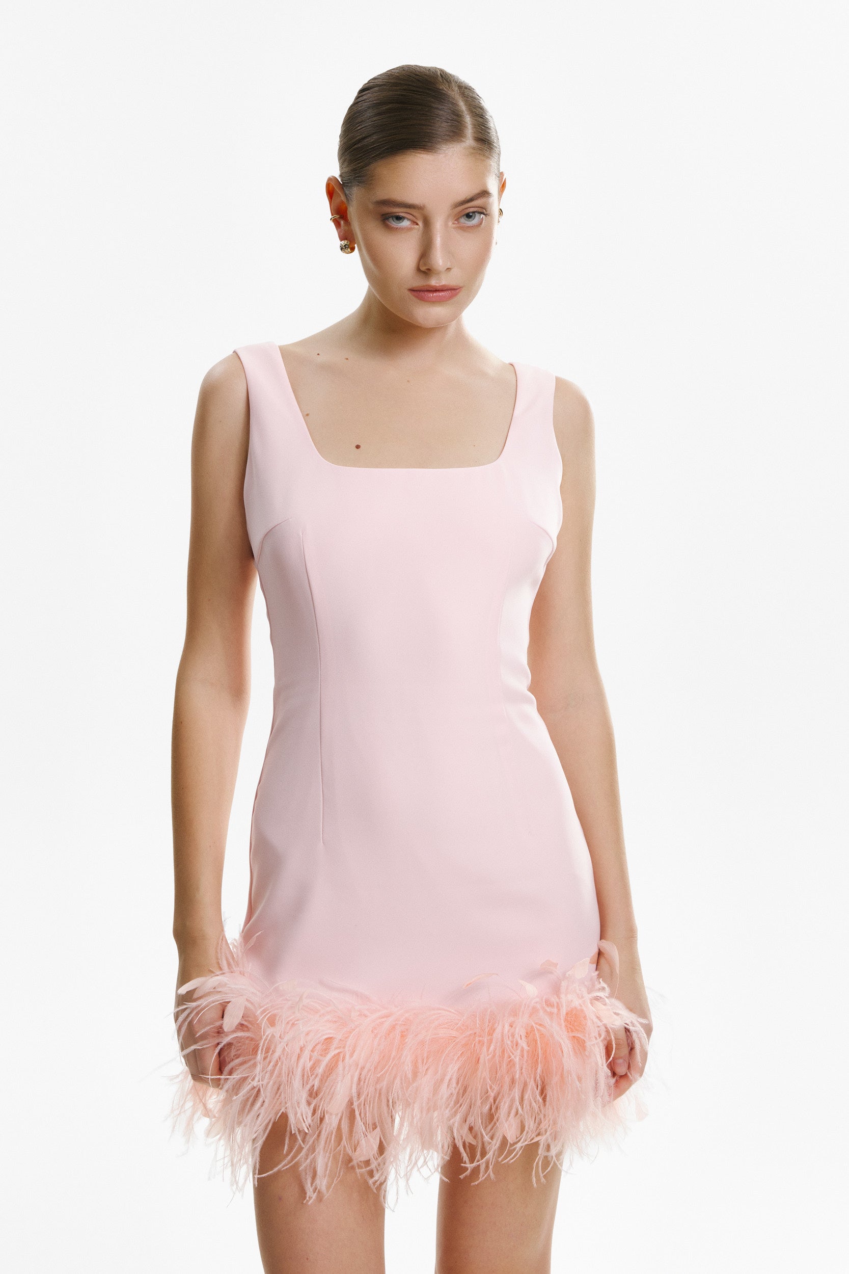Feather-trimmed crepe mini dress in pink
