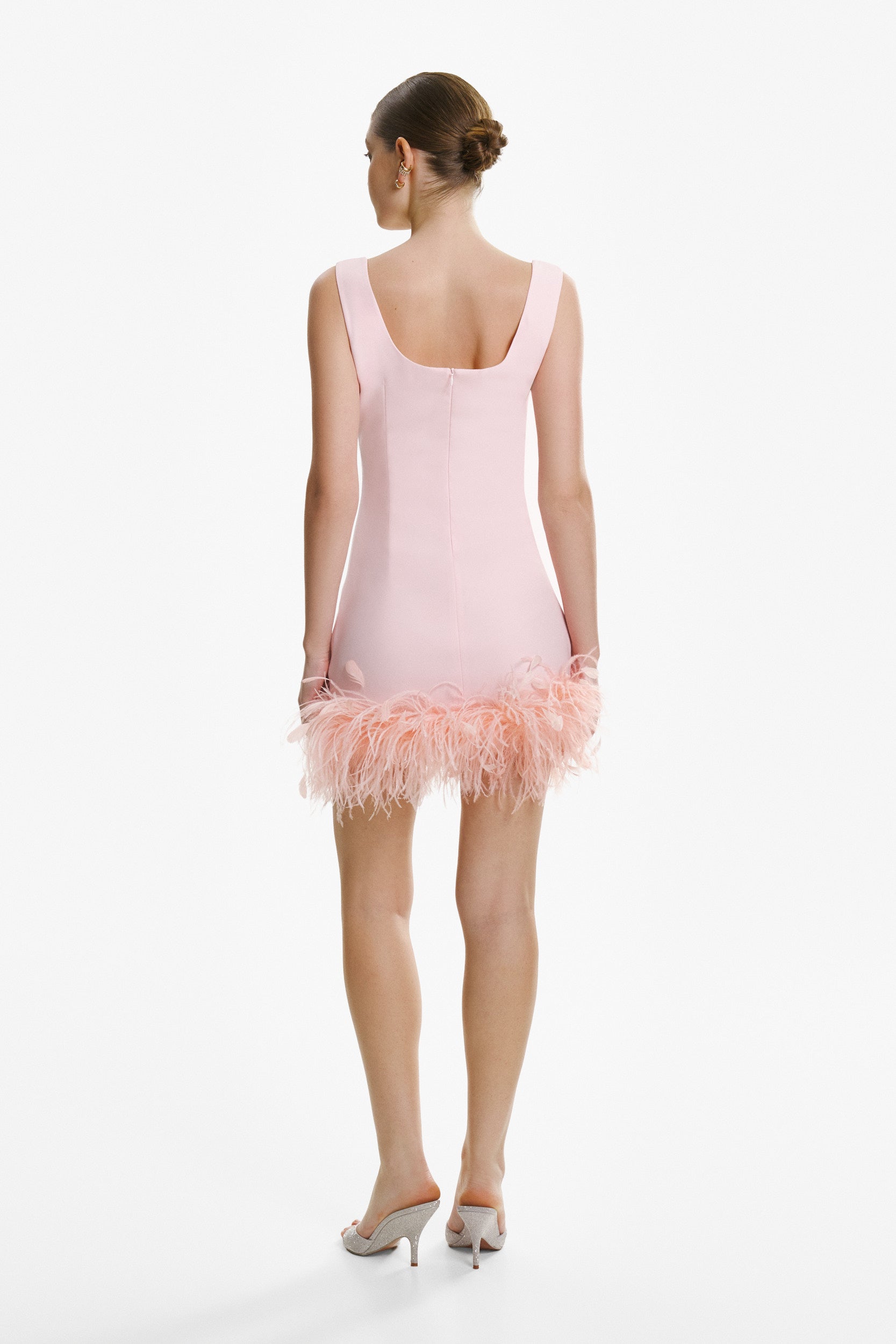 Feather-trimmed crepe mini dress in pink