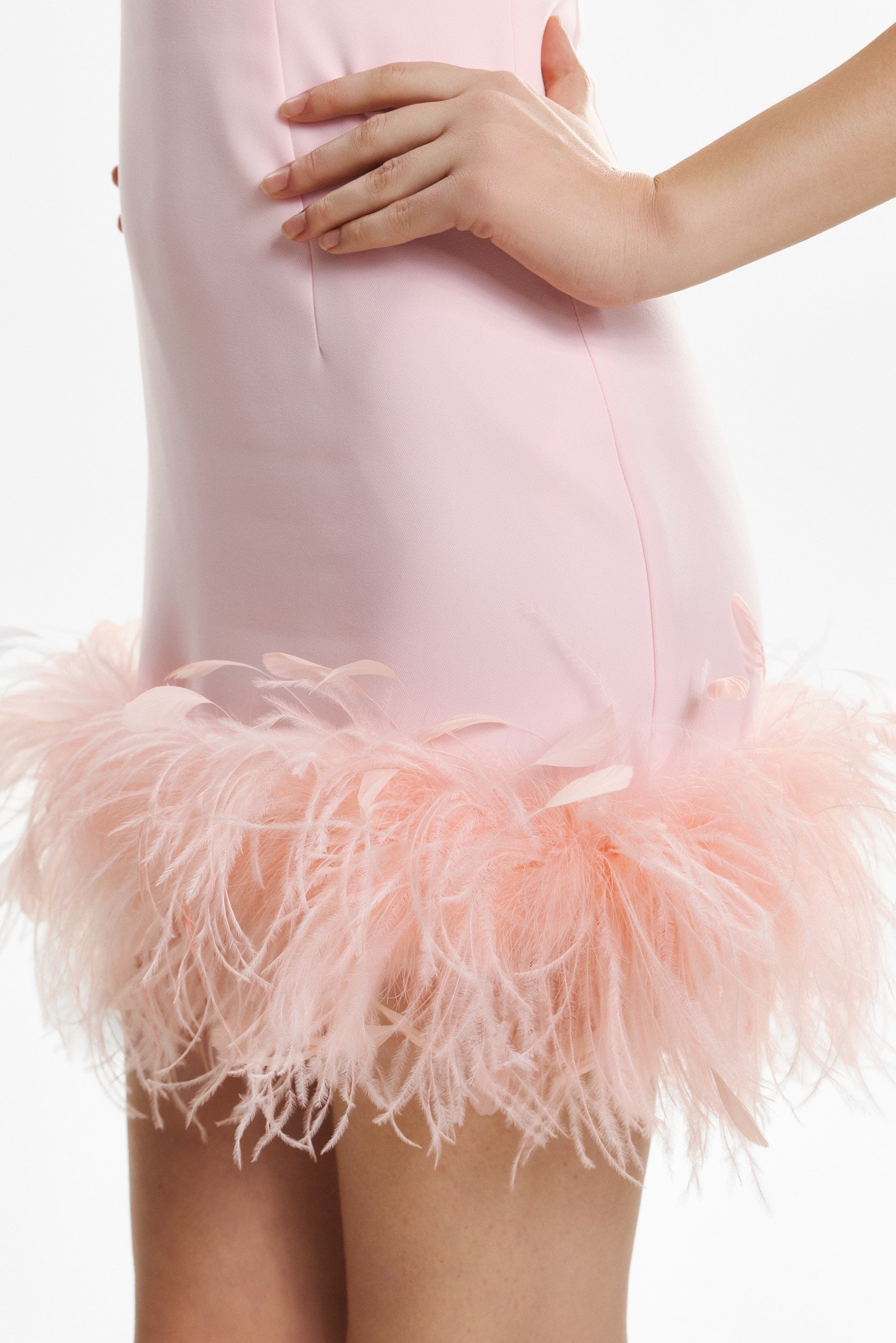 Feather-trimmed crepe mini dress in pink