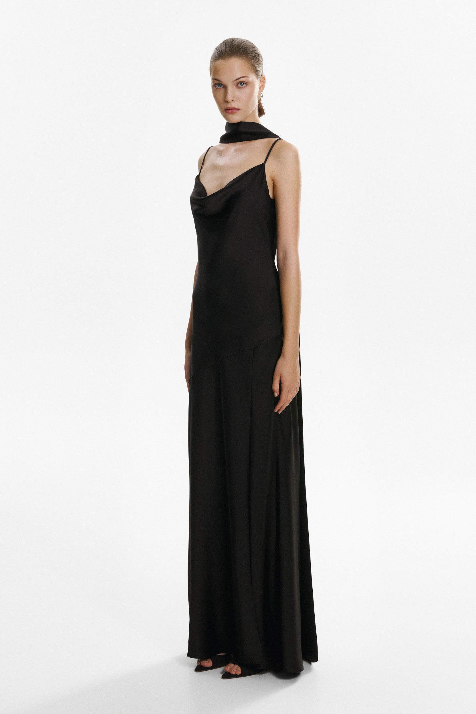 Floor-length satin dress in black