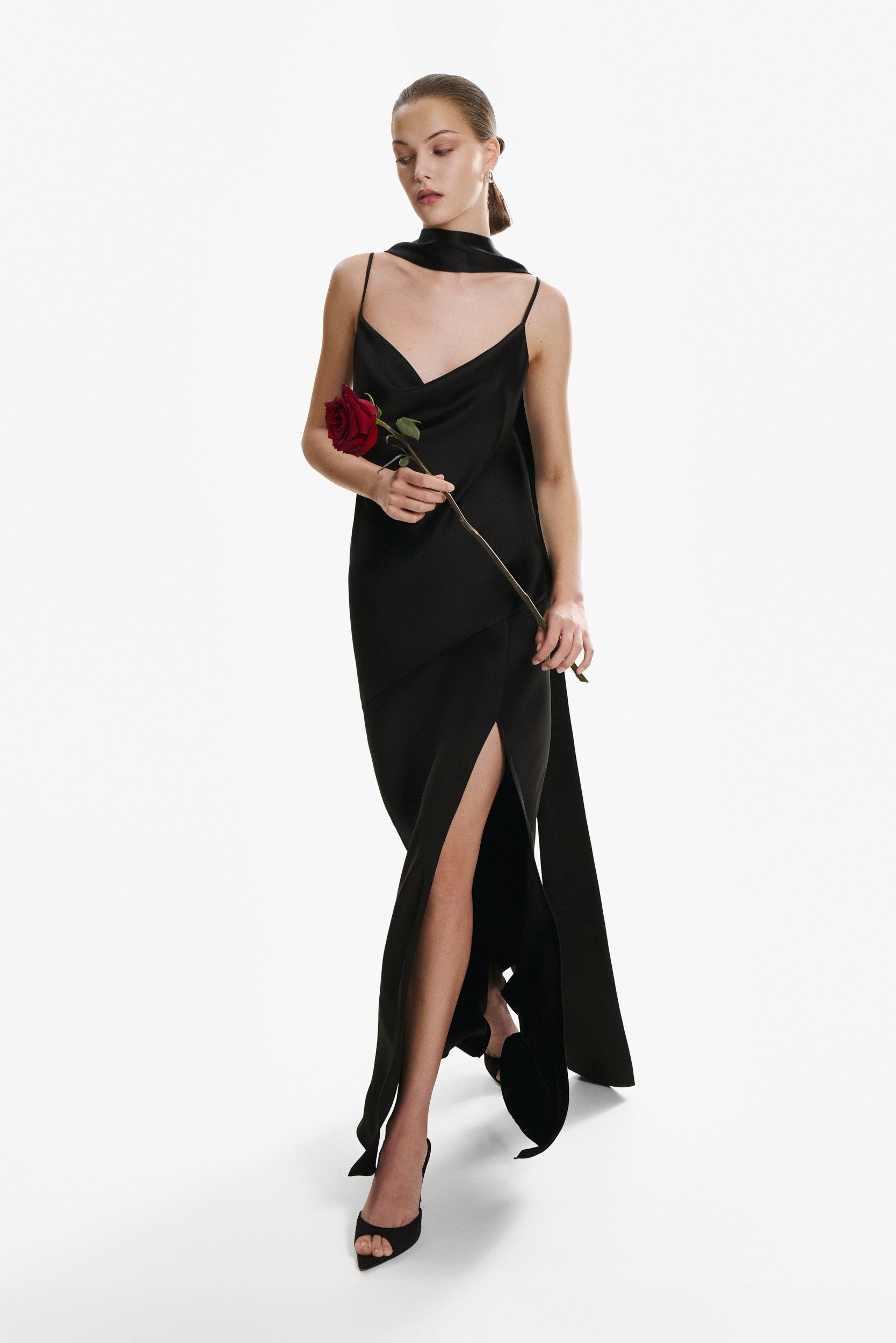 Floor-length satin dress in black