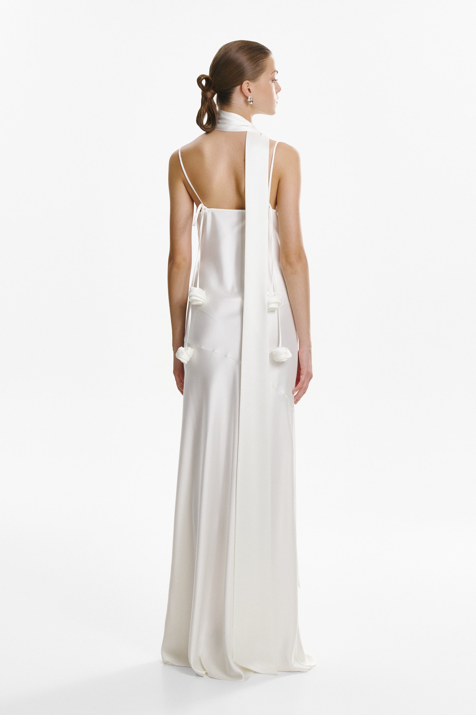 Floor-length satin dress in white
