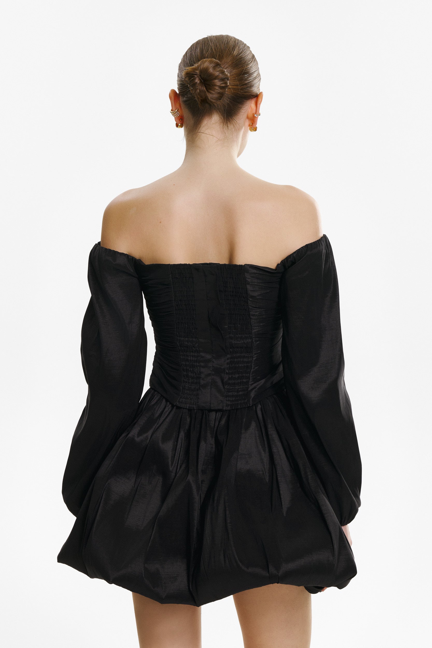Off-the-shoulder black taffeta blouse