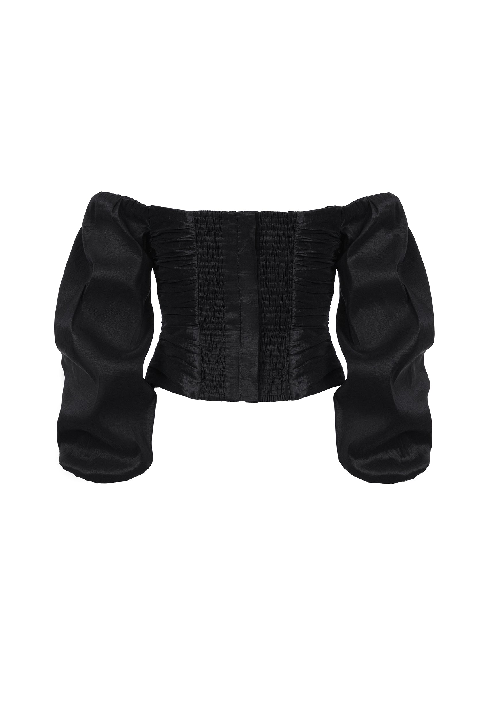 Off-the-shoulder black taffeta blouse