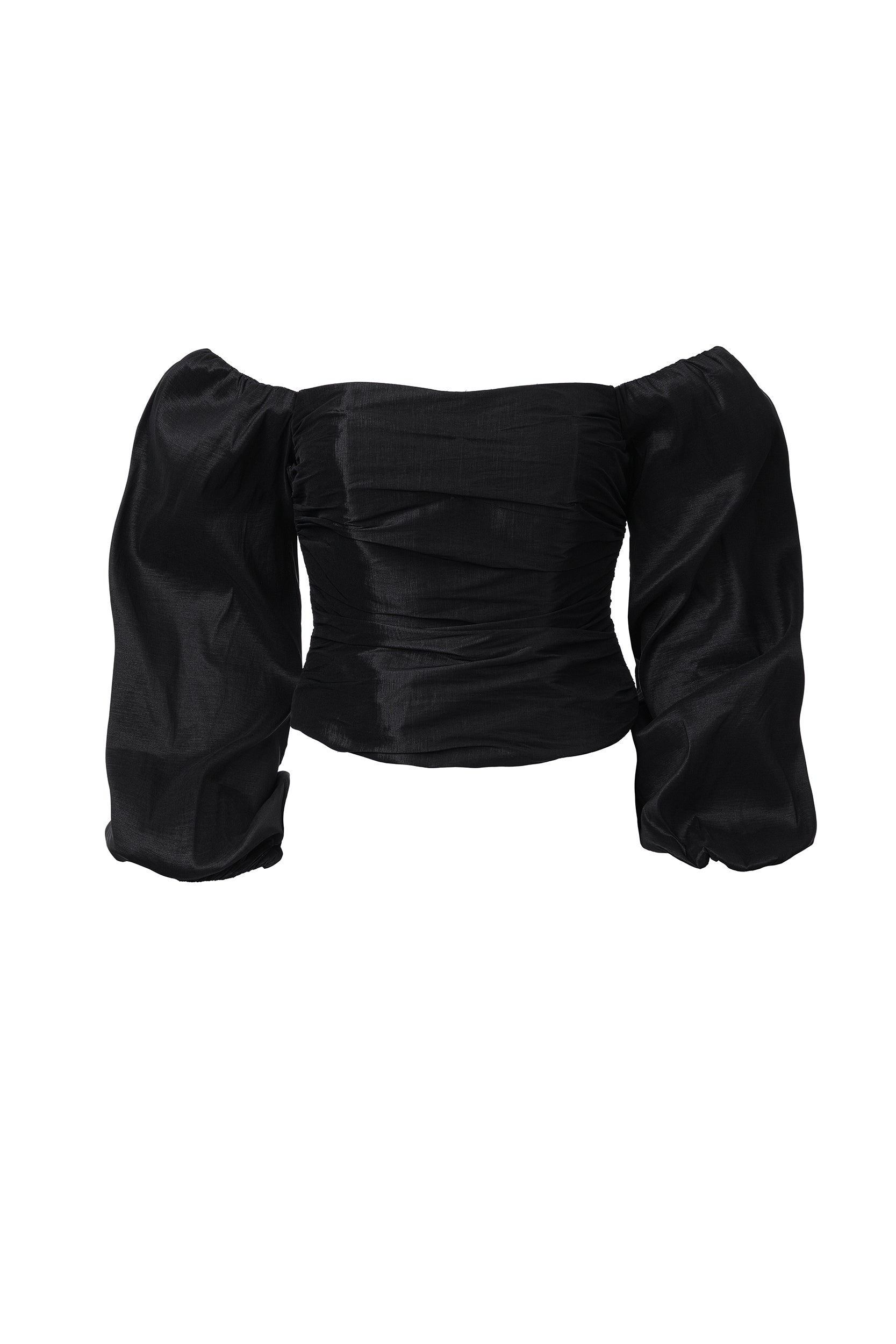 Off-the-shoulder black taffeta blouse