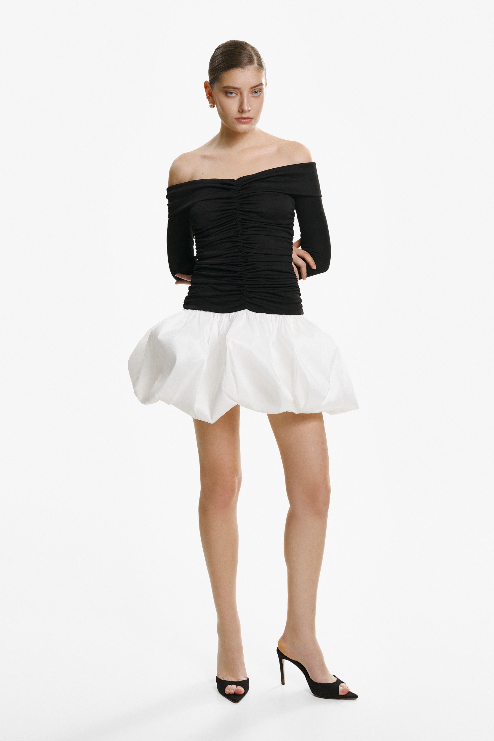 Off-the-shoulder ruched bubble mini dress in black-white