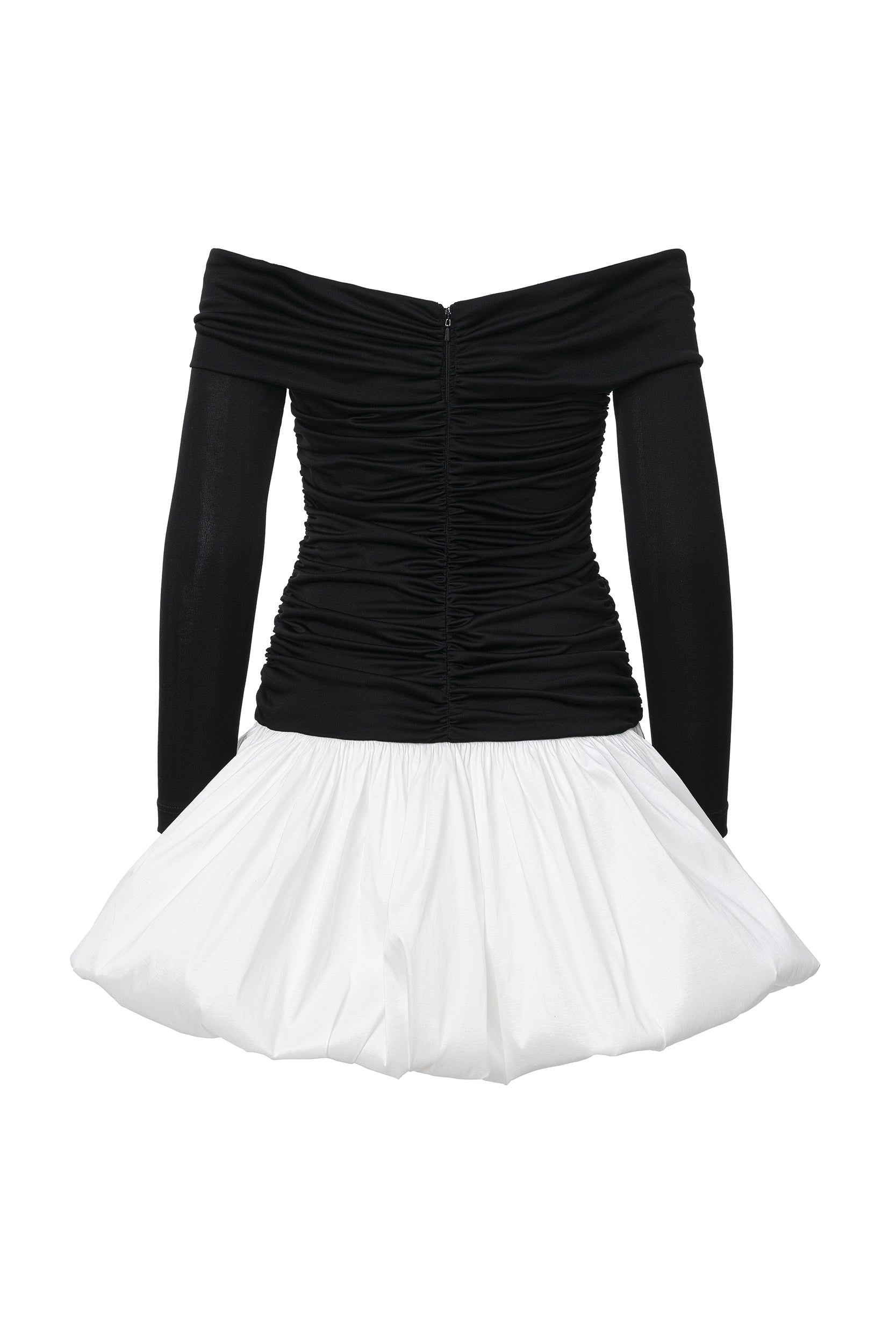 Off-the-shoulder ruched bubble mini dress in black-white