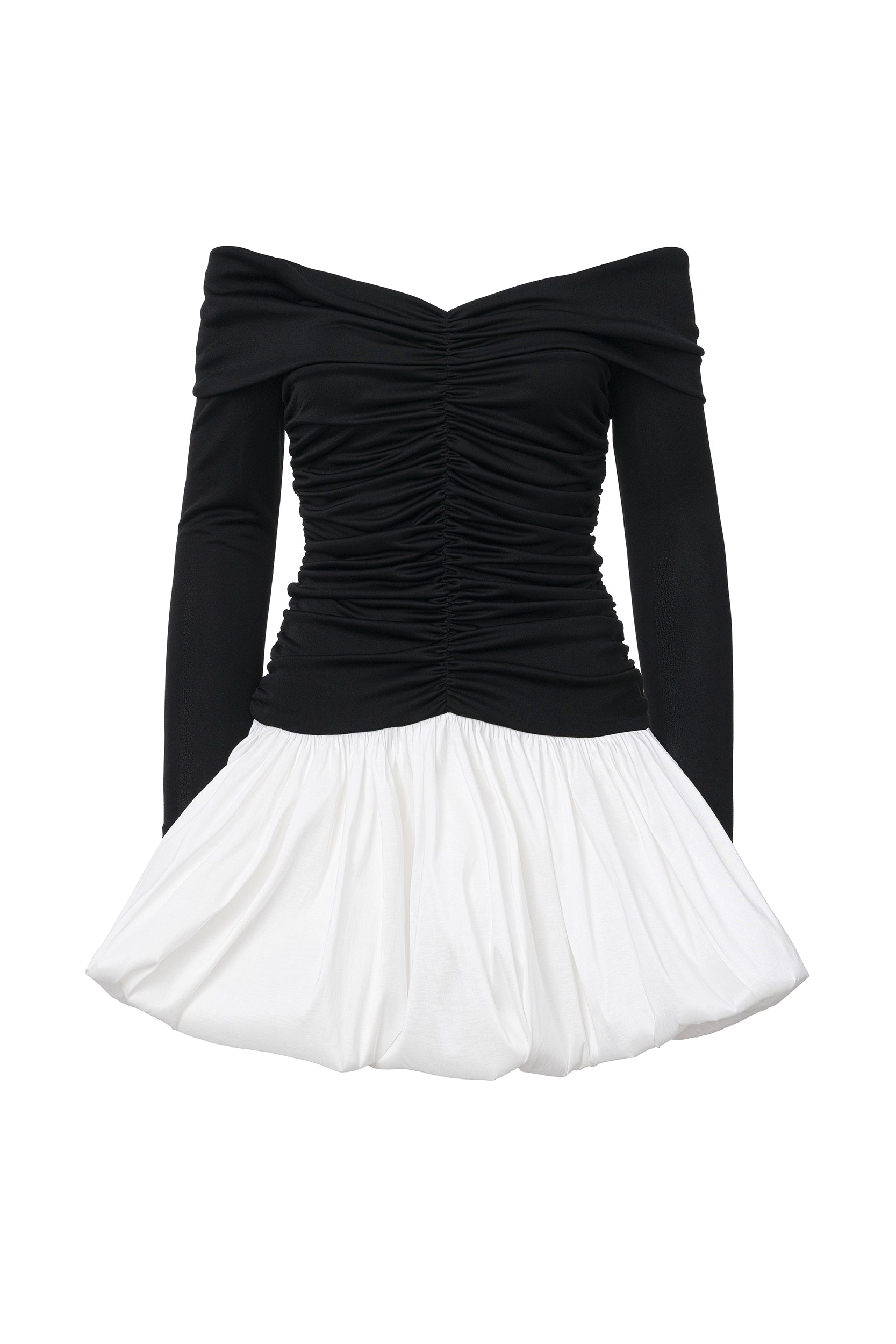 Off-the-shoulder ruched bubble mini dress in black-white