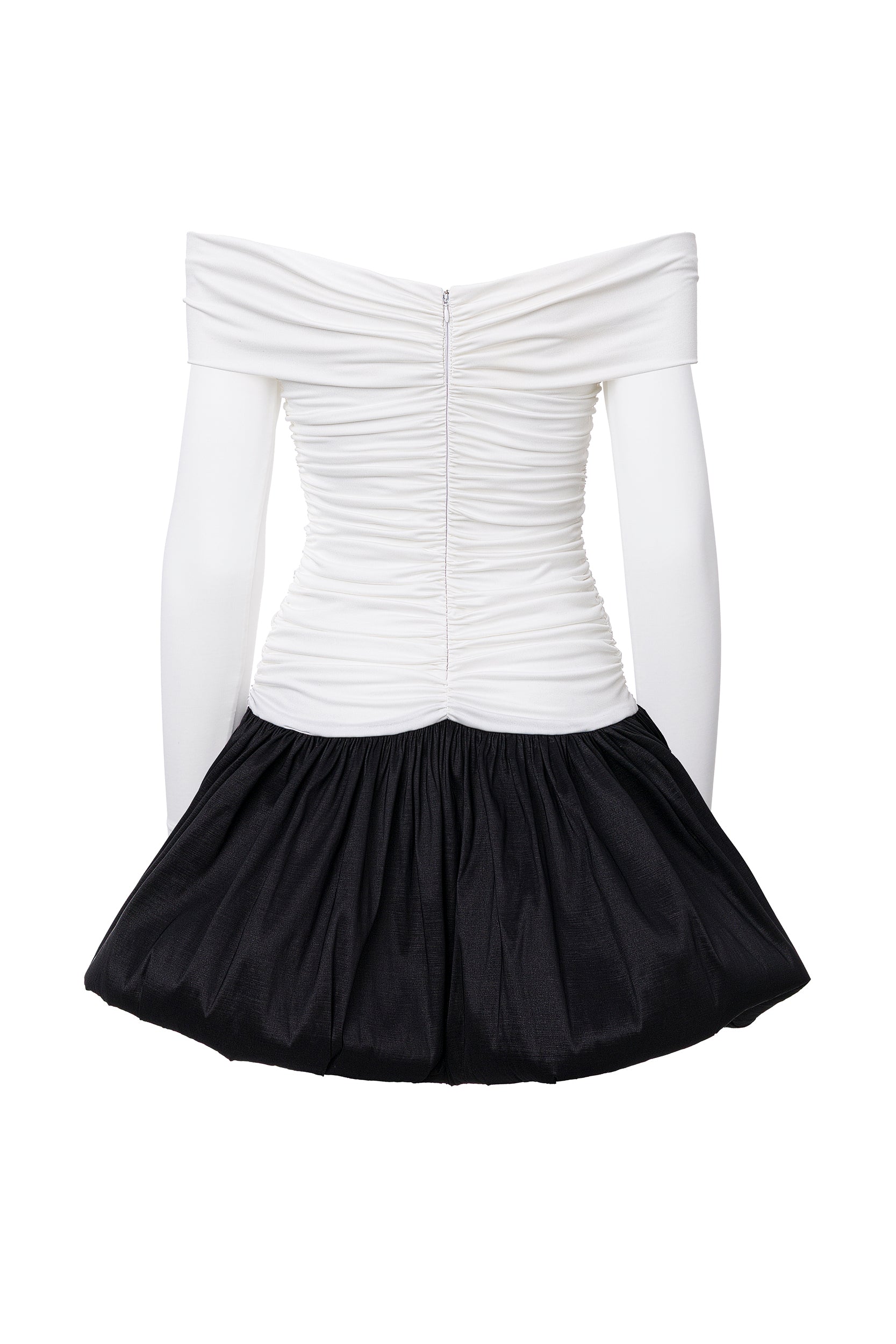 Off-the-shoulder ruched bubble mini dress in white-black