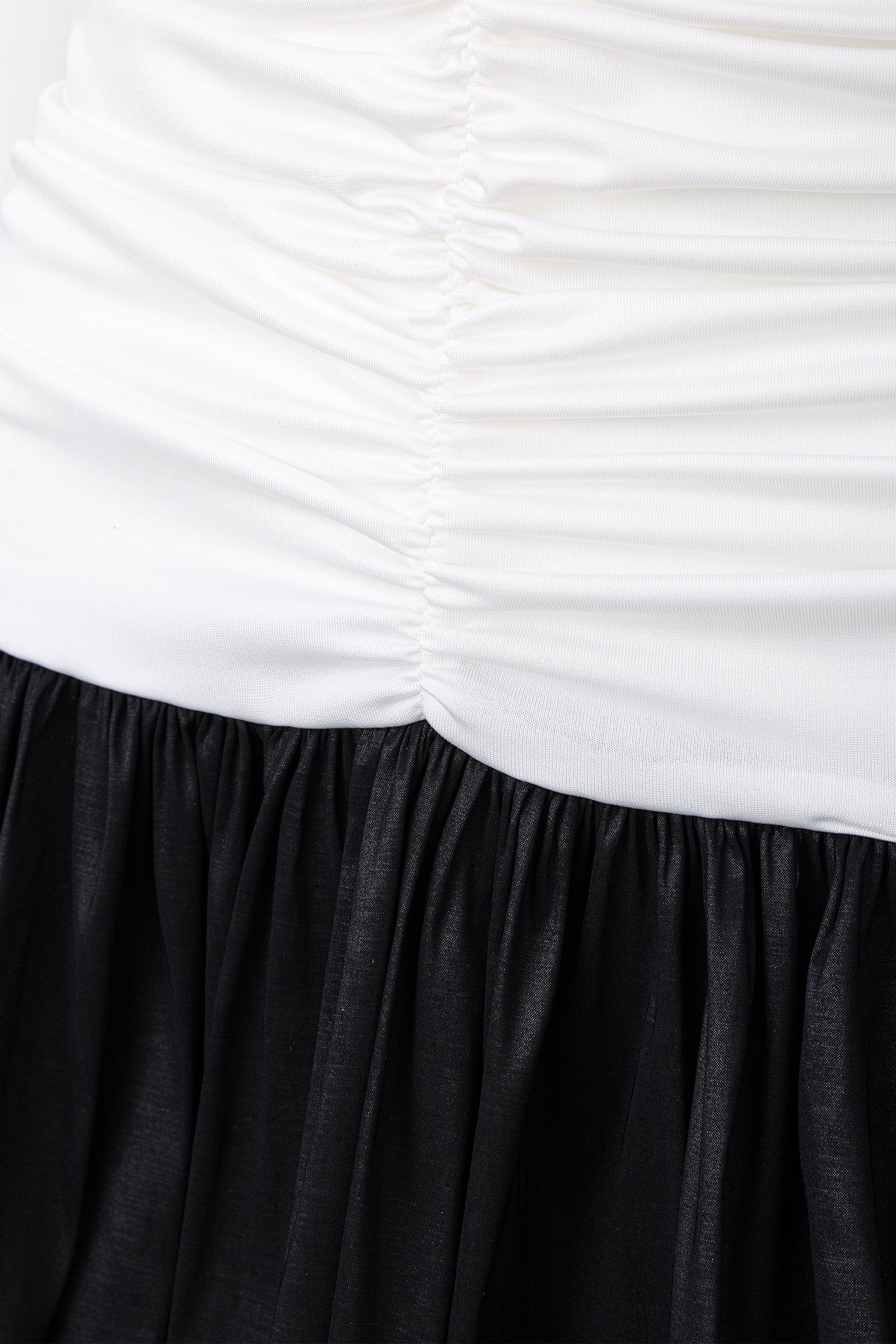 Off-the-shoulder ruched bubble mini dress in white-black