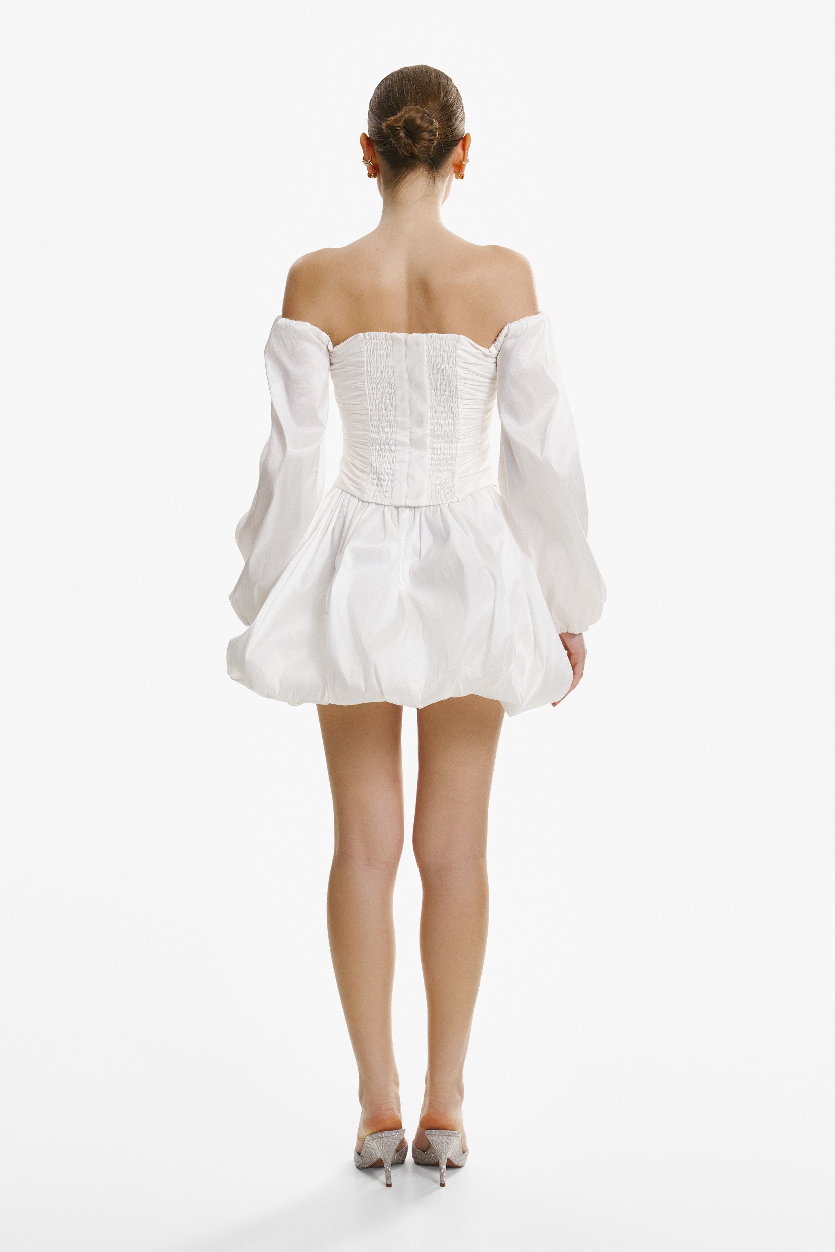 Off-the-shoulder white taffeta blouse