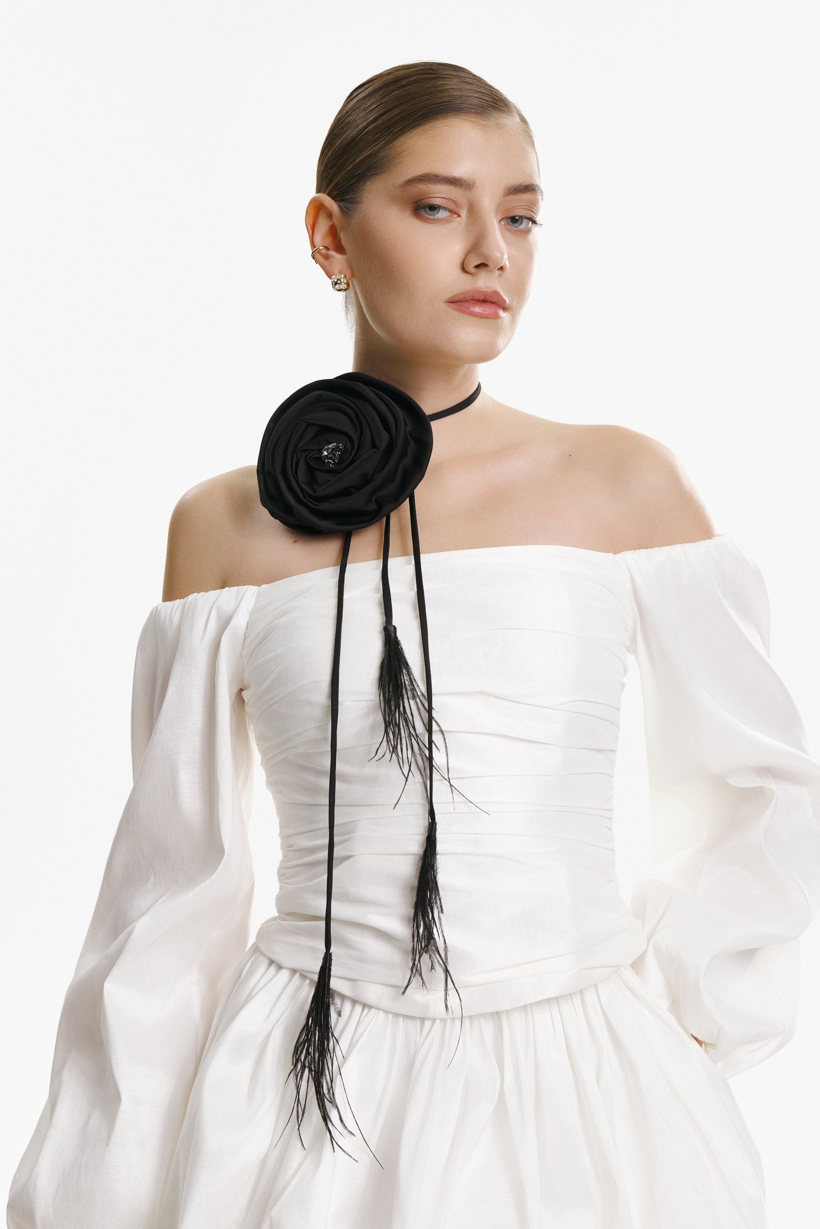 Off-the-shoulder white taffeta blouse