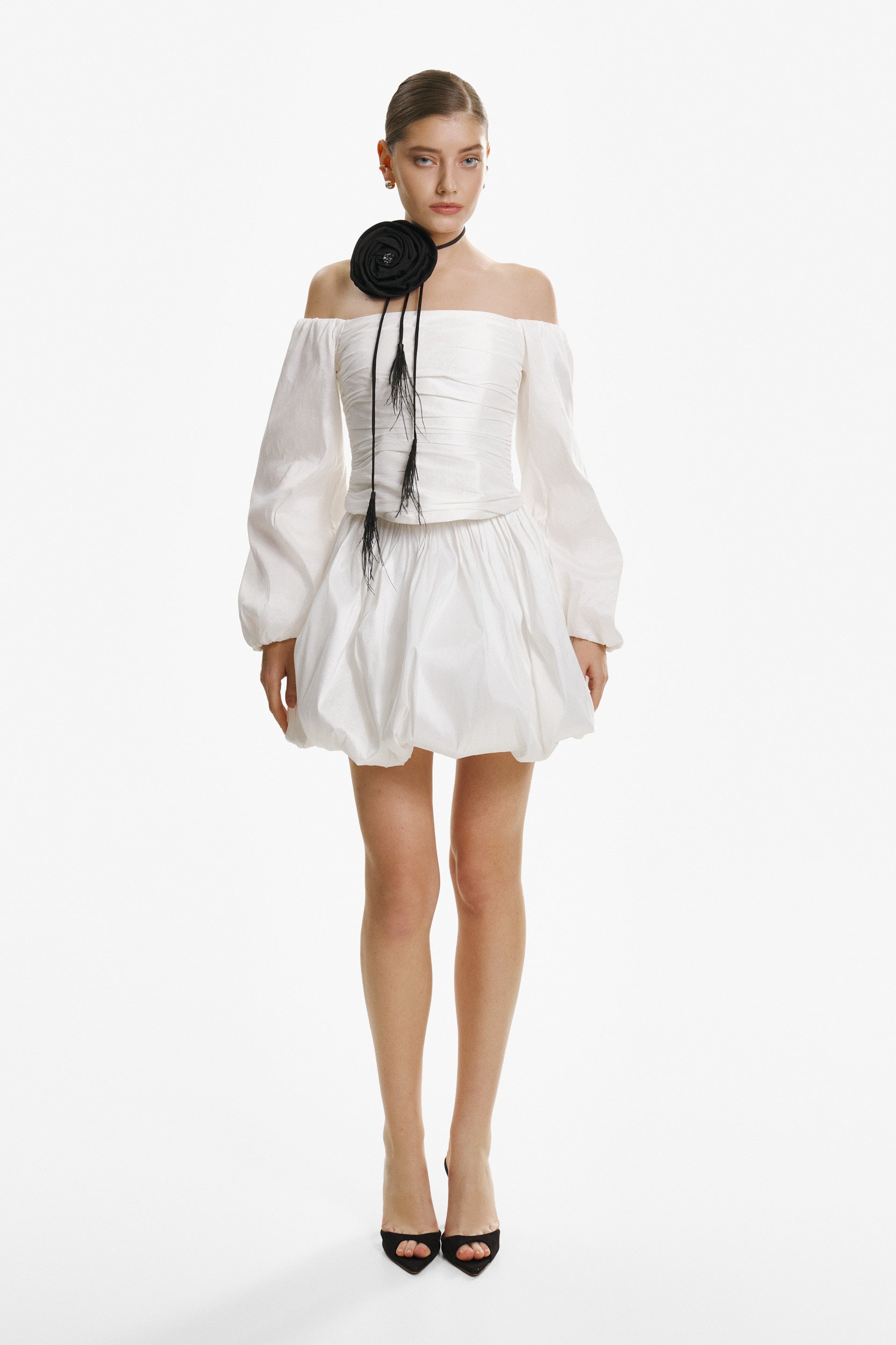 Off-the-shoulder white taffeta blouse