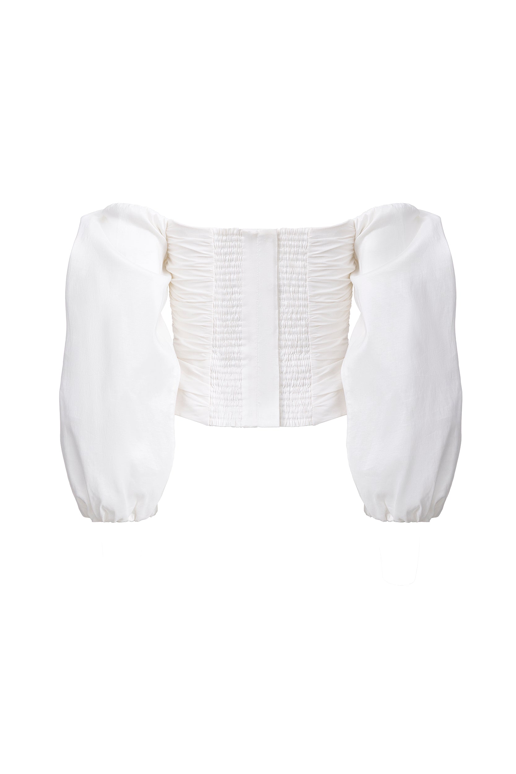 Off-the-shoulder white taffeta blouse