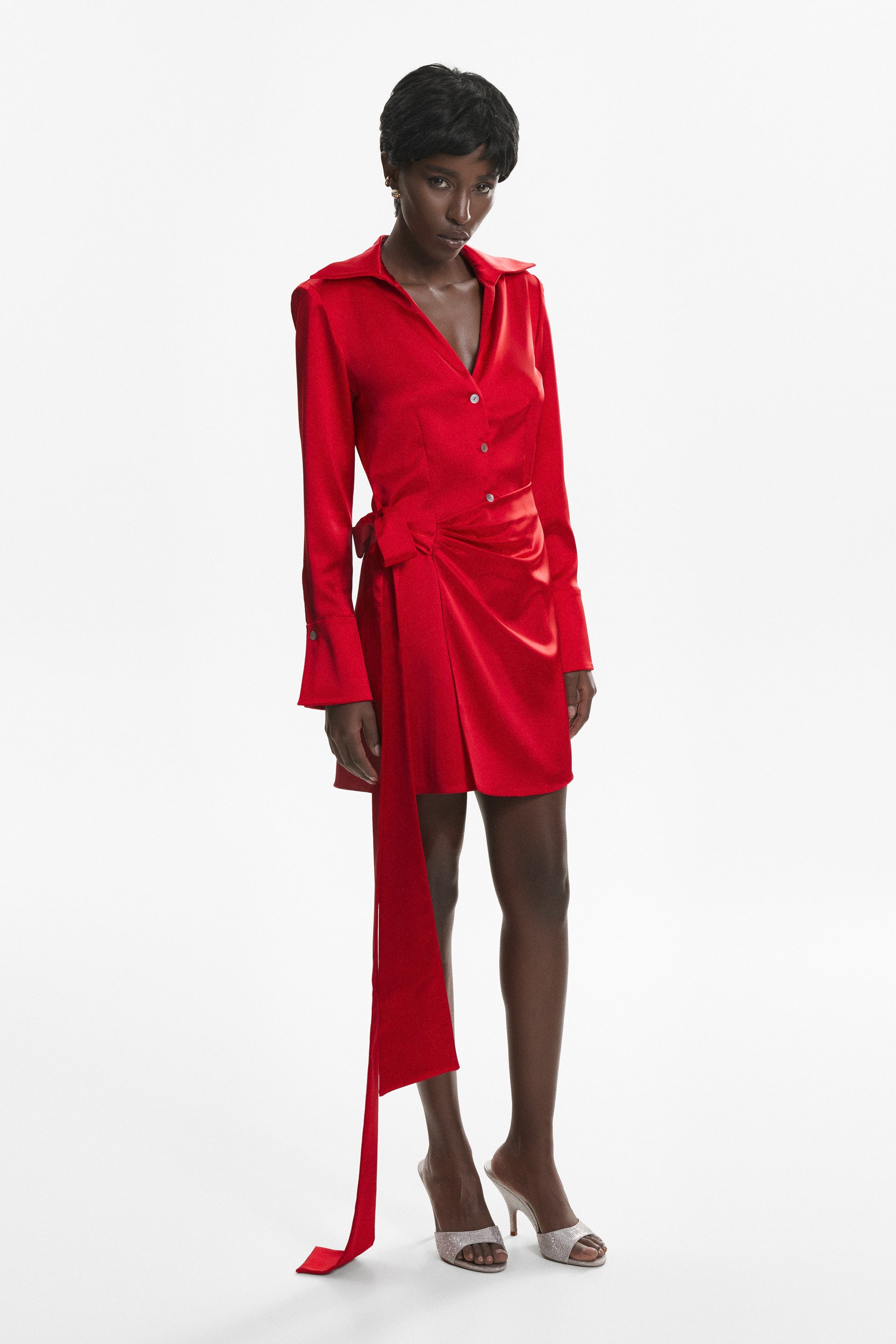 Red satin mini wrap dress