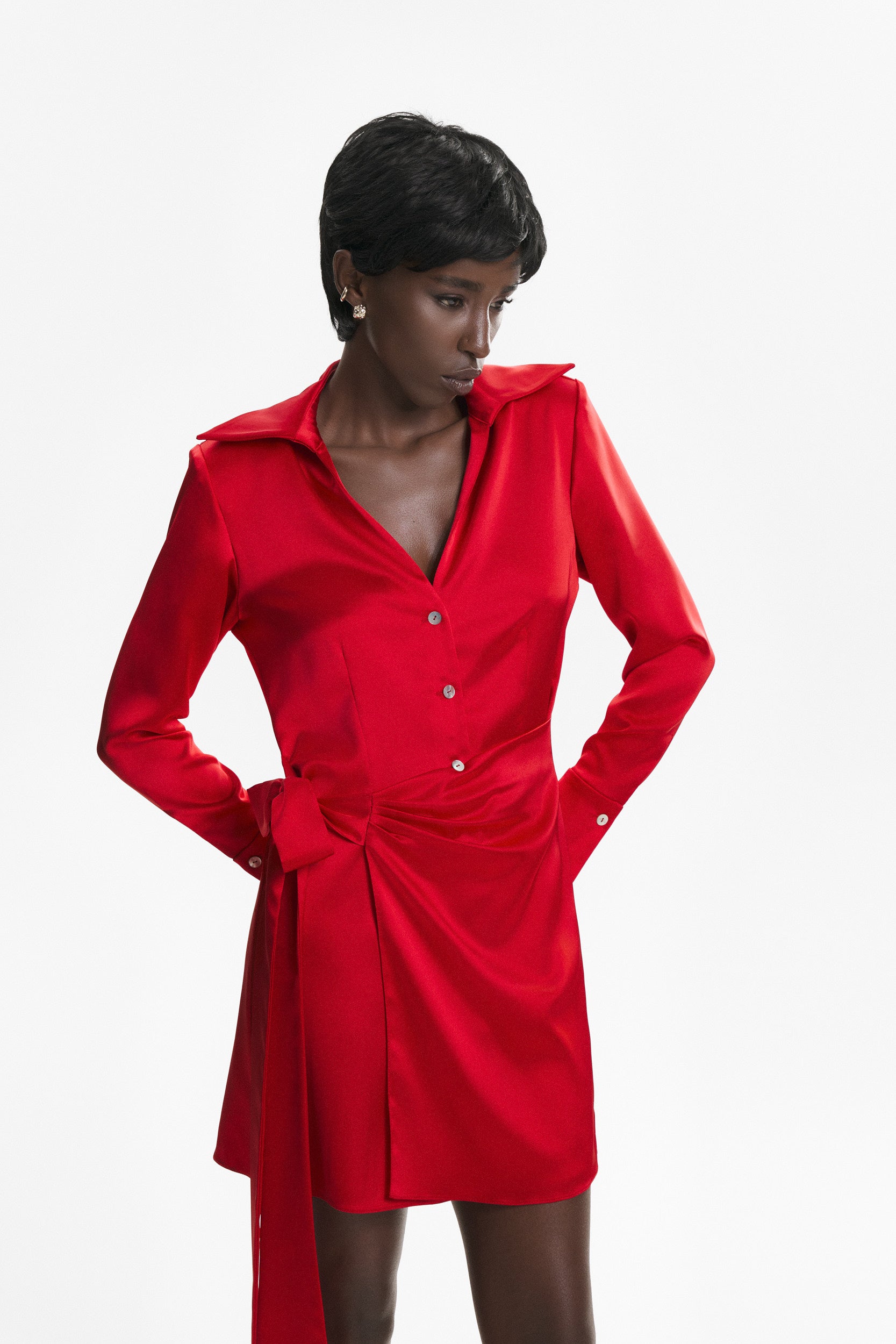 Red satin mini wrap dress