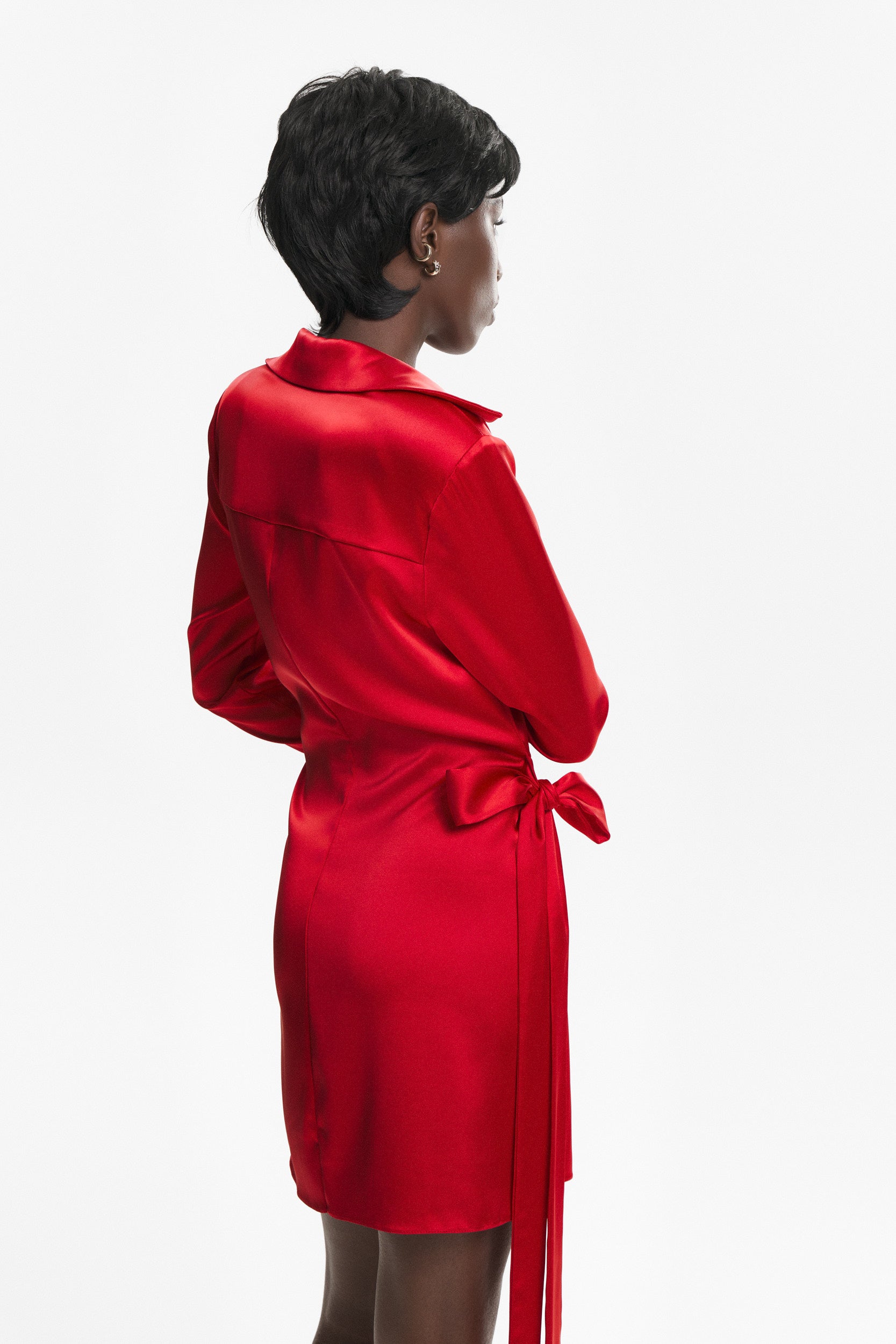 Red satin mini wrap dress