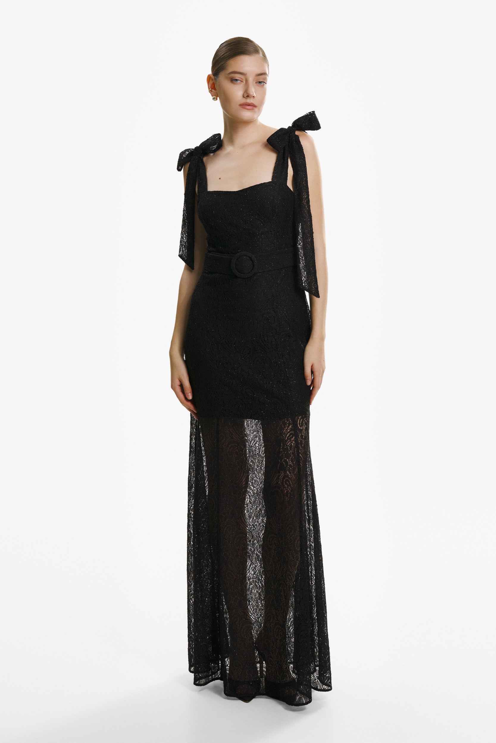 Ribbon-strap flared maxi dress in black lace