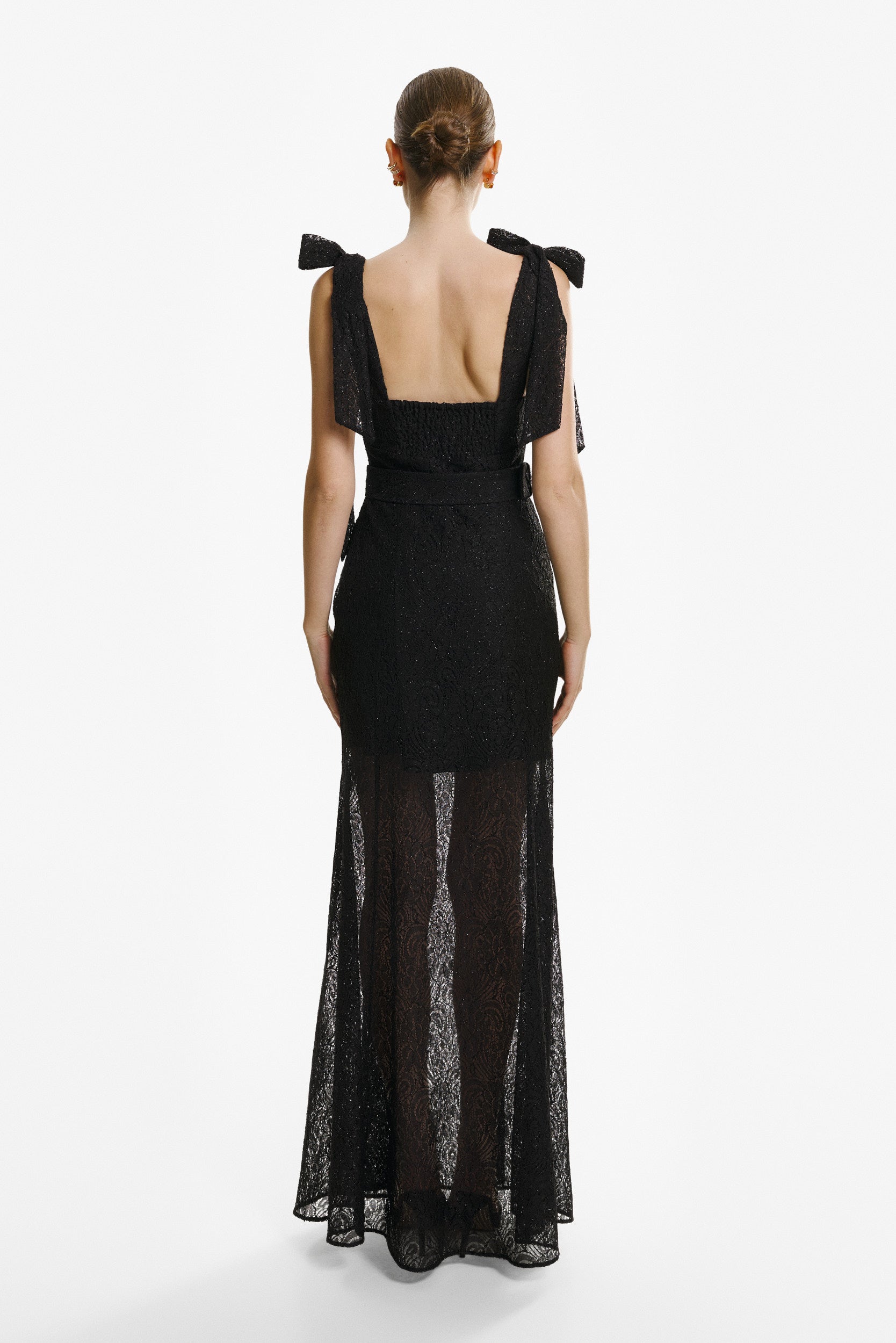 Ribbon-strap flared maxi dress in black lace
