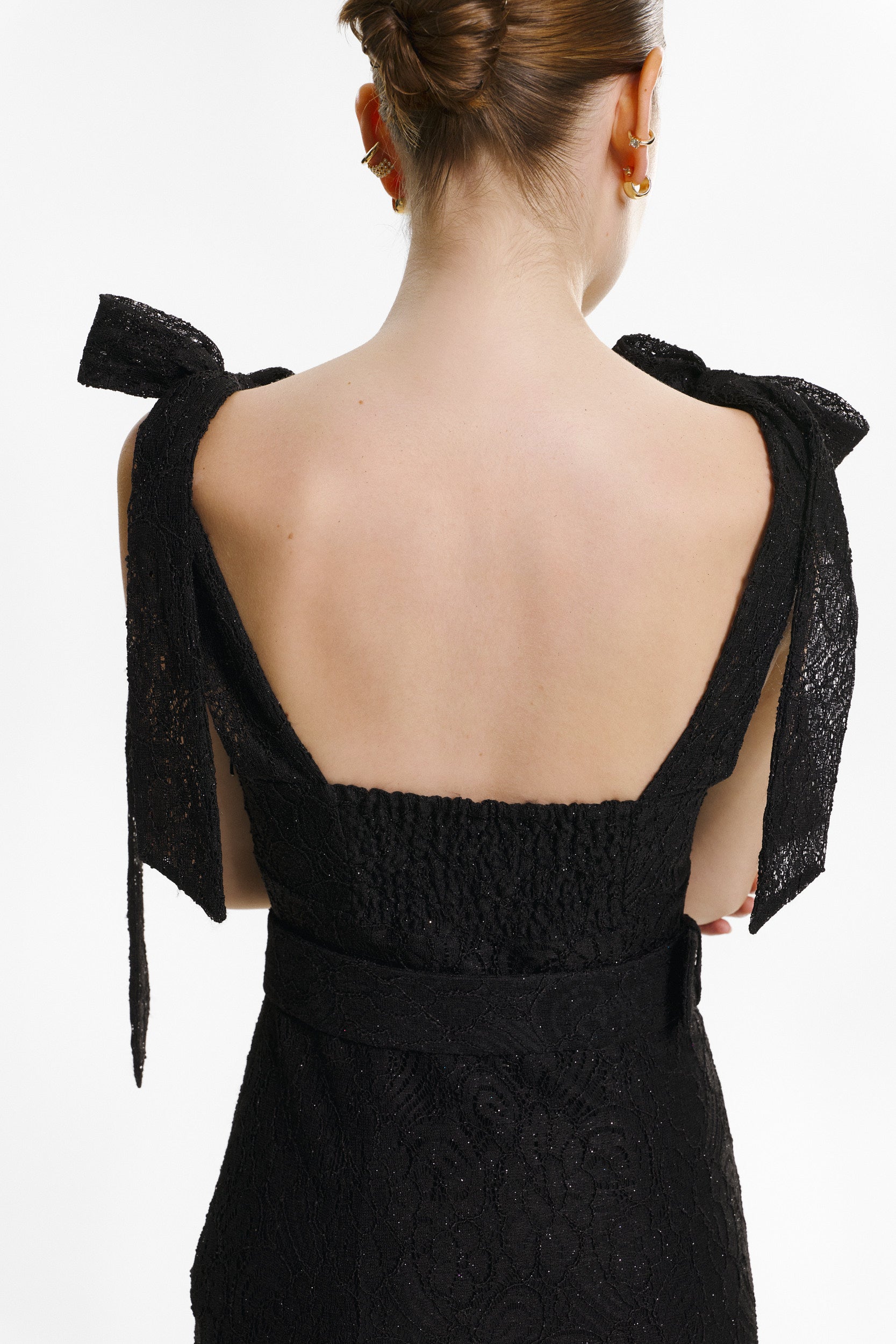 Ribbon-strap flared maxi dress in black lace