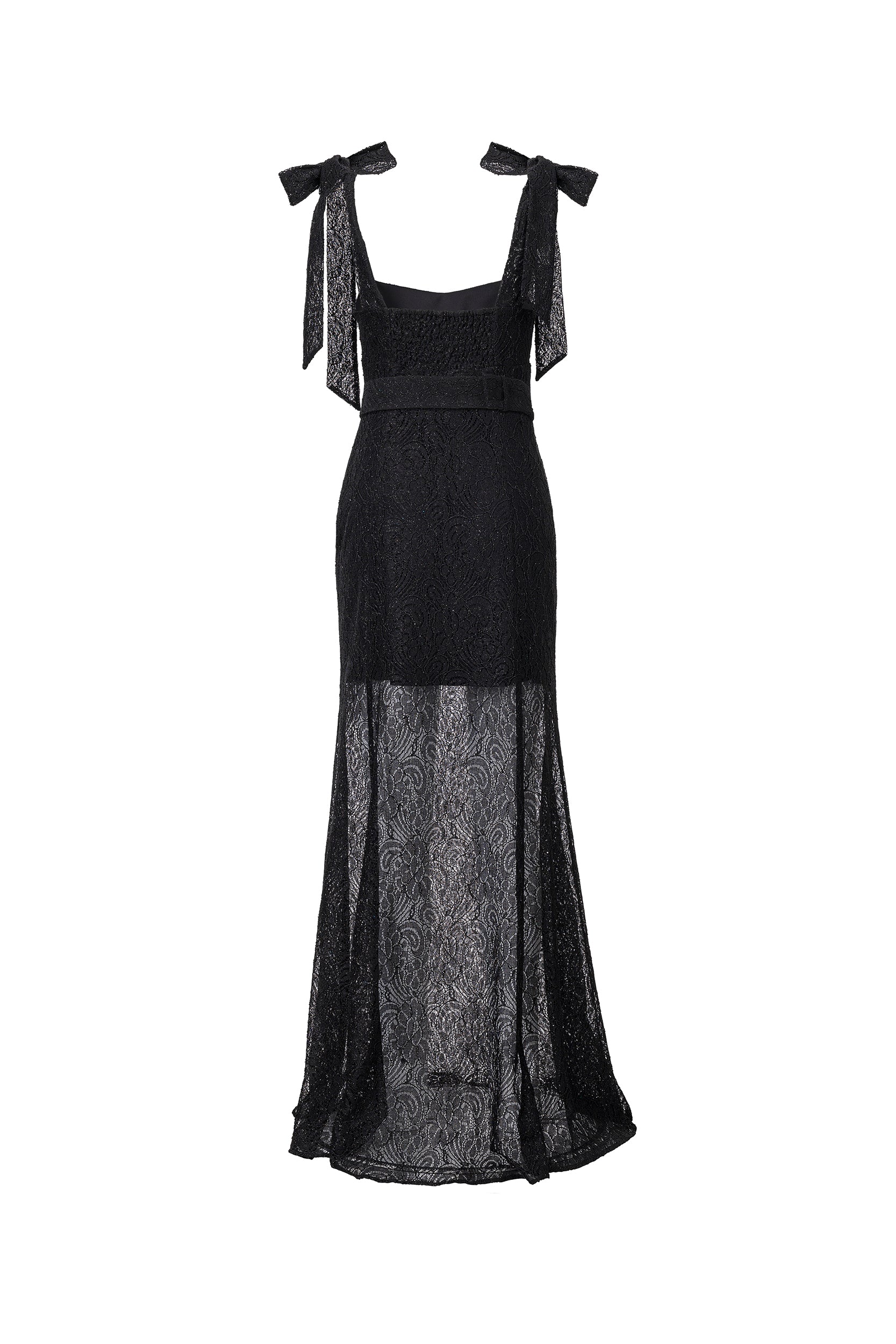 Ribbon-strap flared maxi dress in black lace