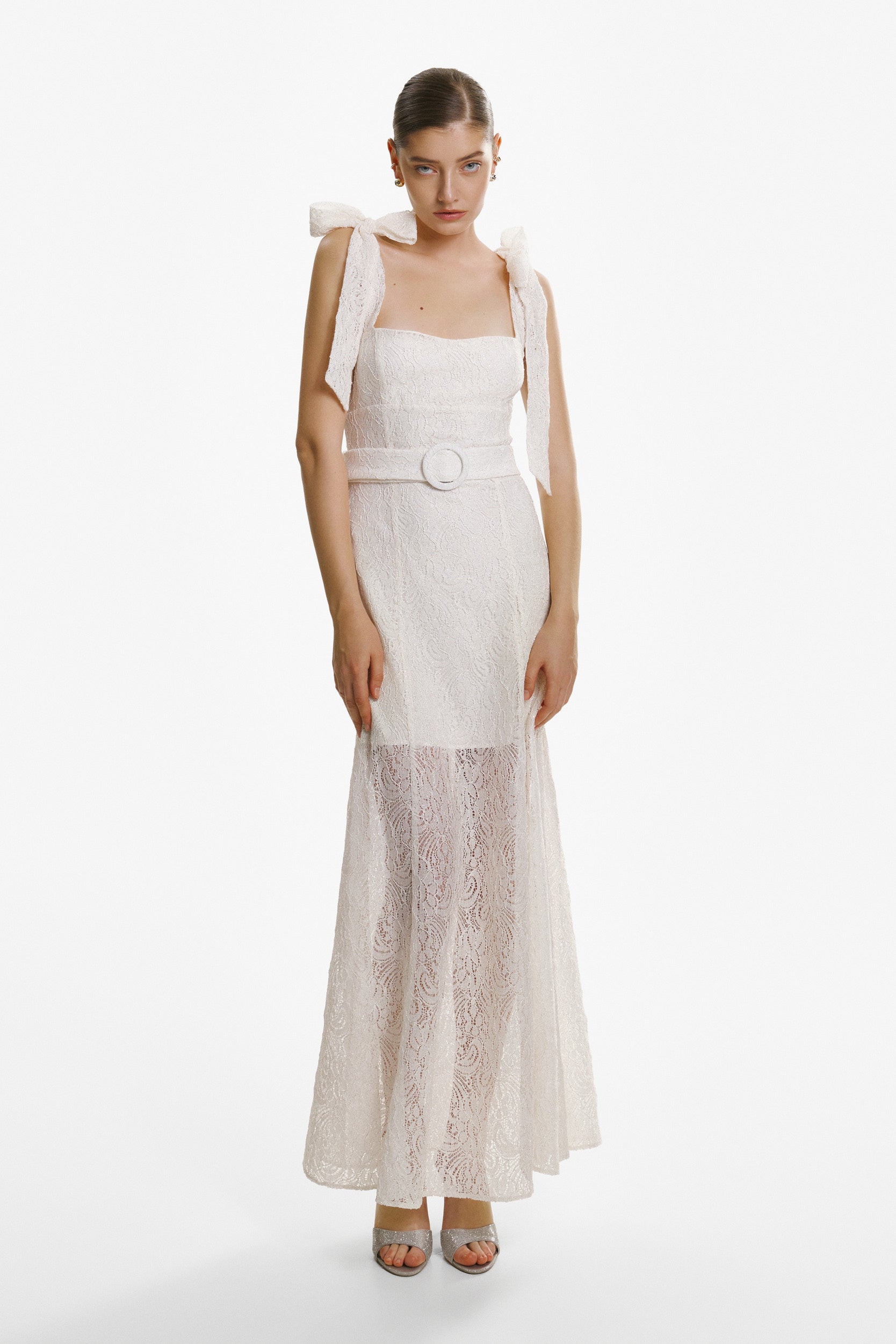 Ribbon-strap flared maxi dress in white lace