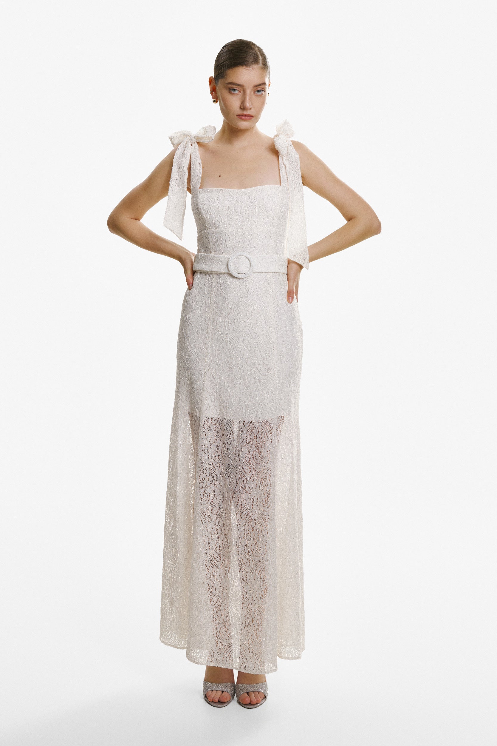 Ribbon-strap flared maxi dress in white lace