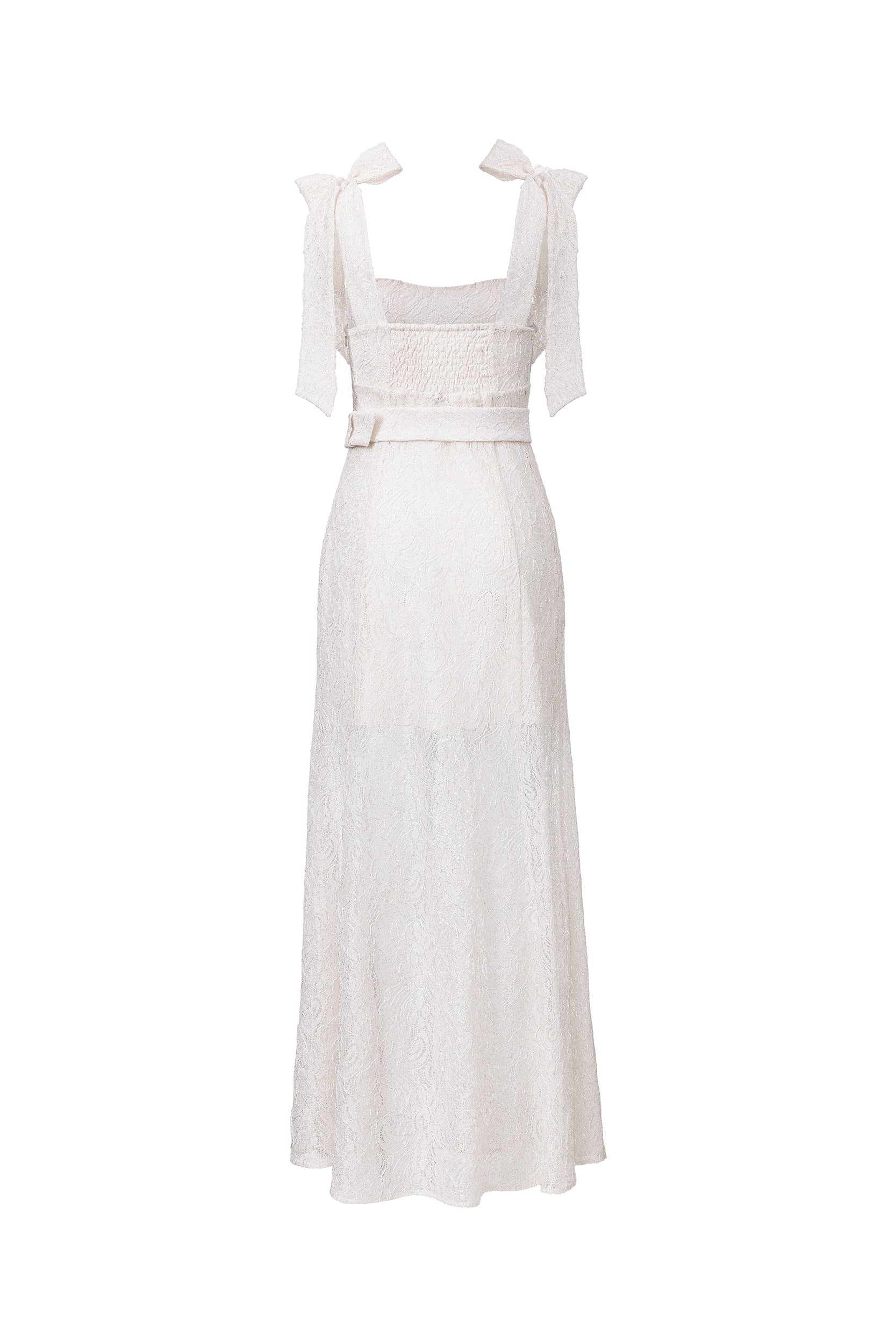 Ribbon-strap flared maxi dress in white lace