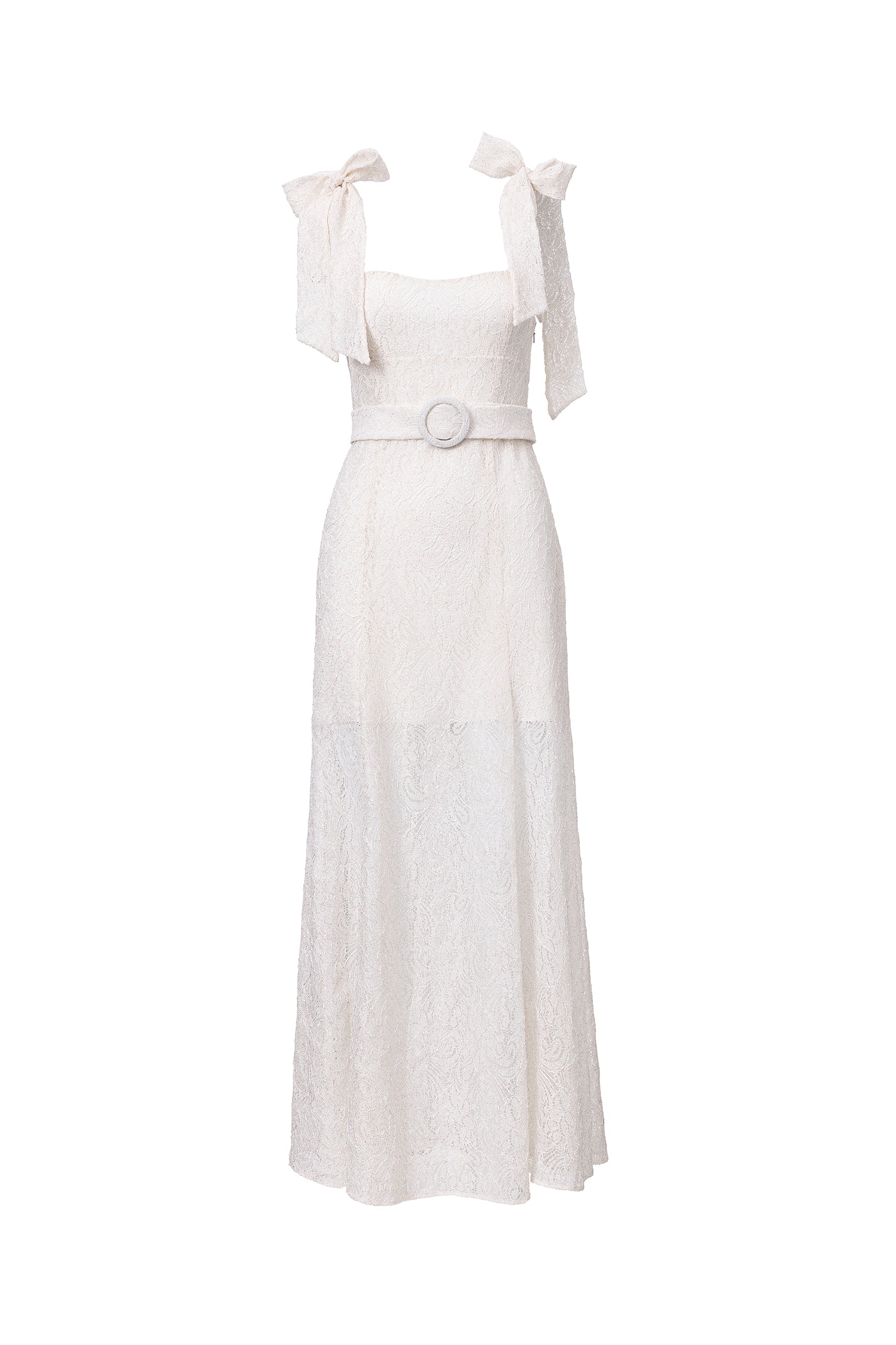 Ribbon-strap flared maxi dress in white lace