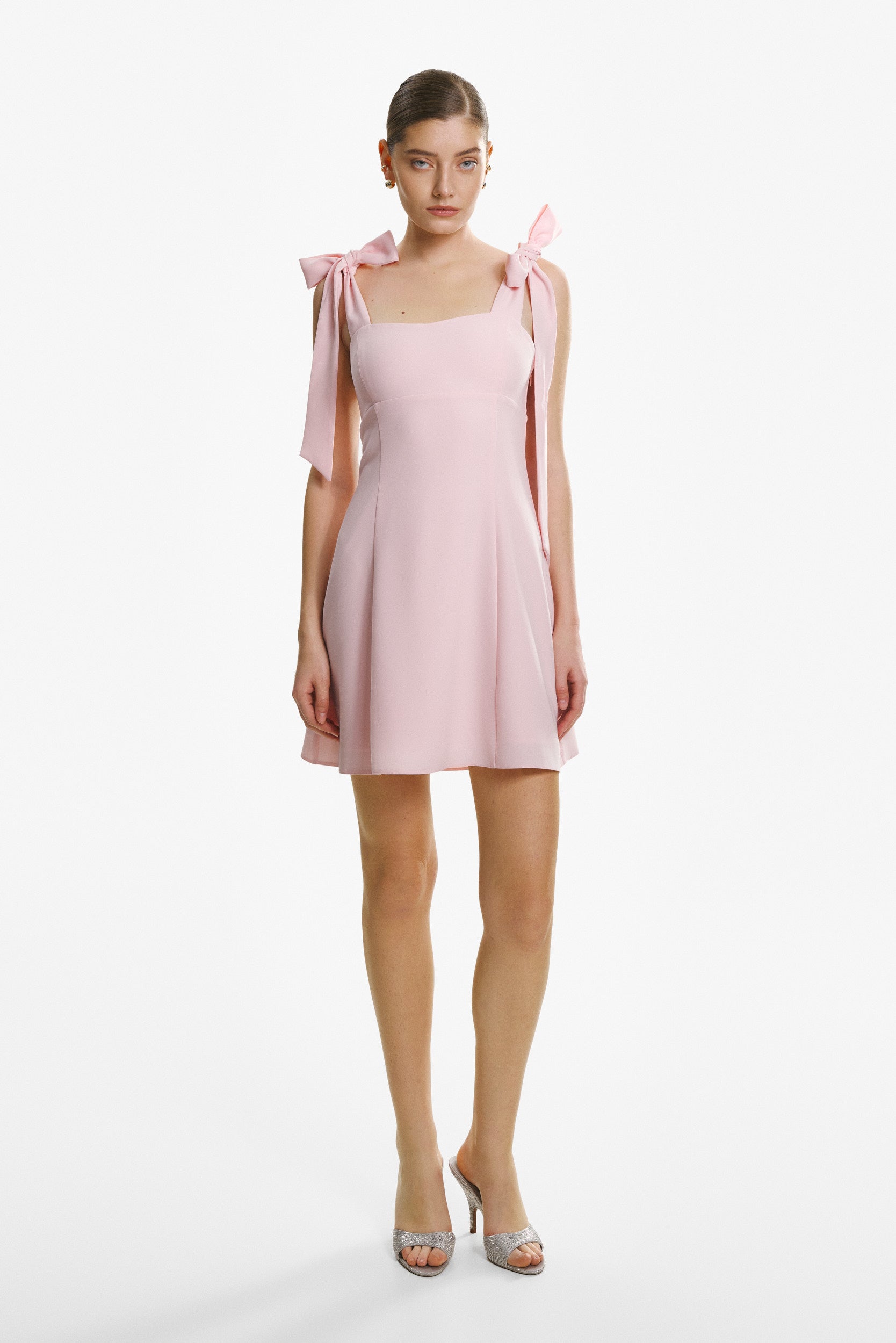 Ribbon-strap flared mini dress in pink crepe