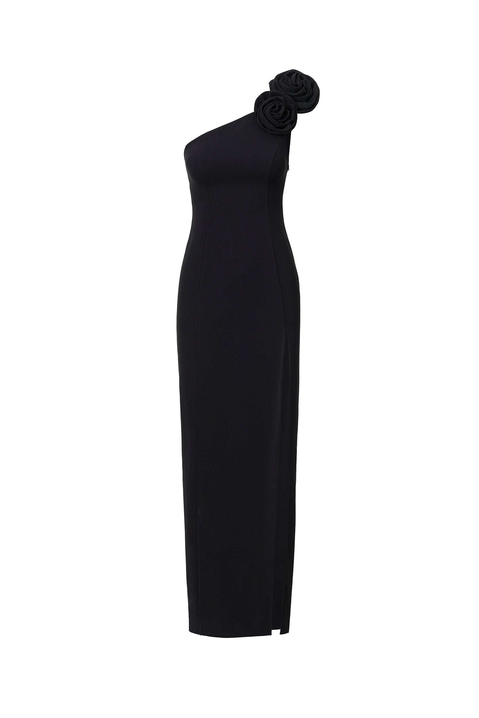 Rosette-appliqué asymmetric crepe dress in black
