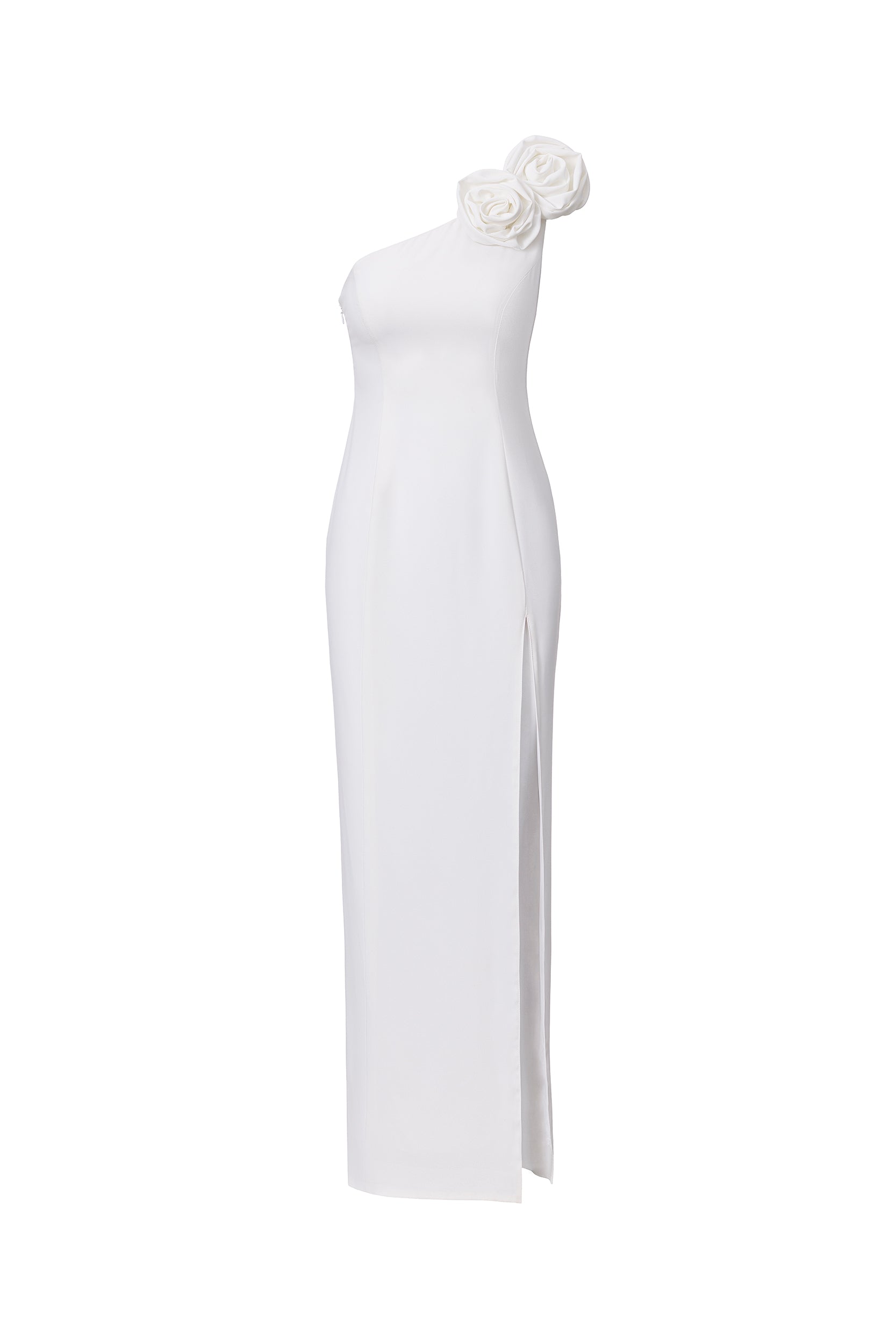 Rosette-appliqué asymmetric crepe dress in white