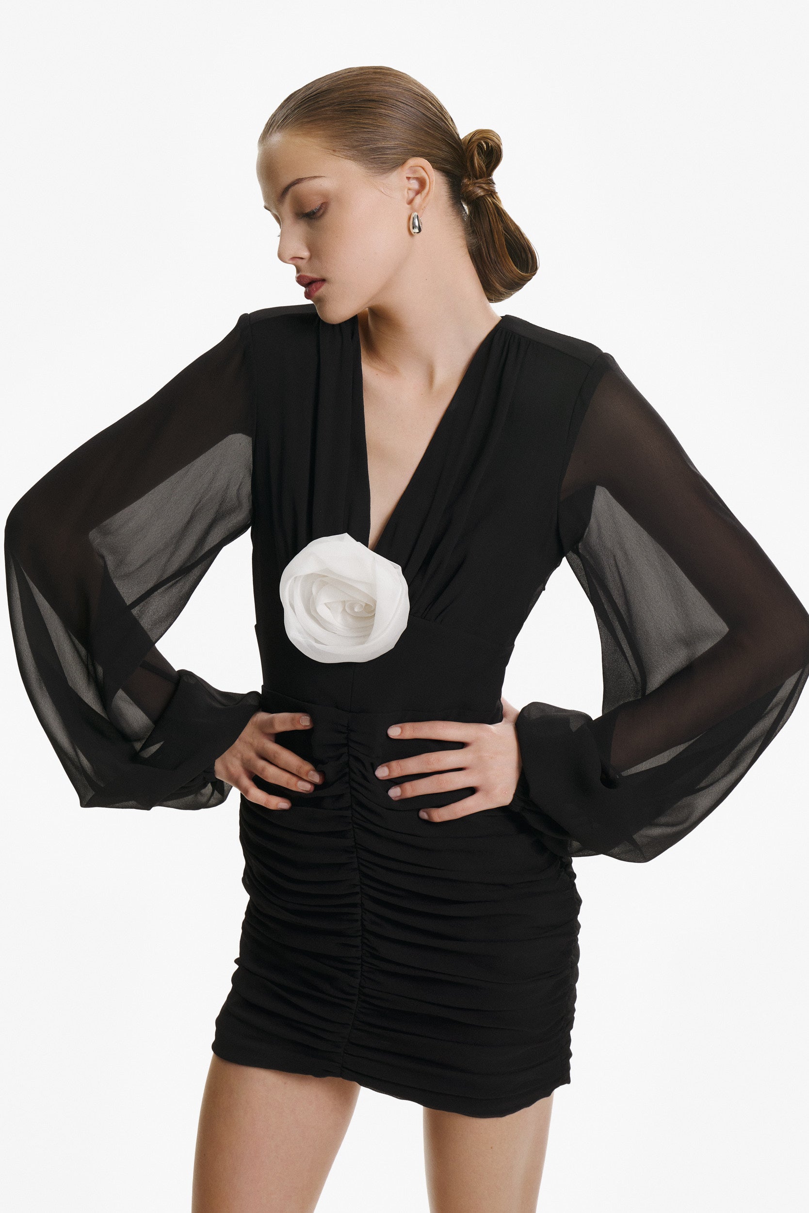 Ruched floral-appliqué black dress