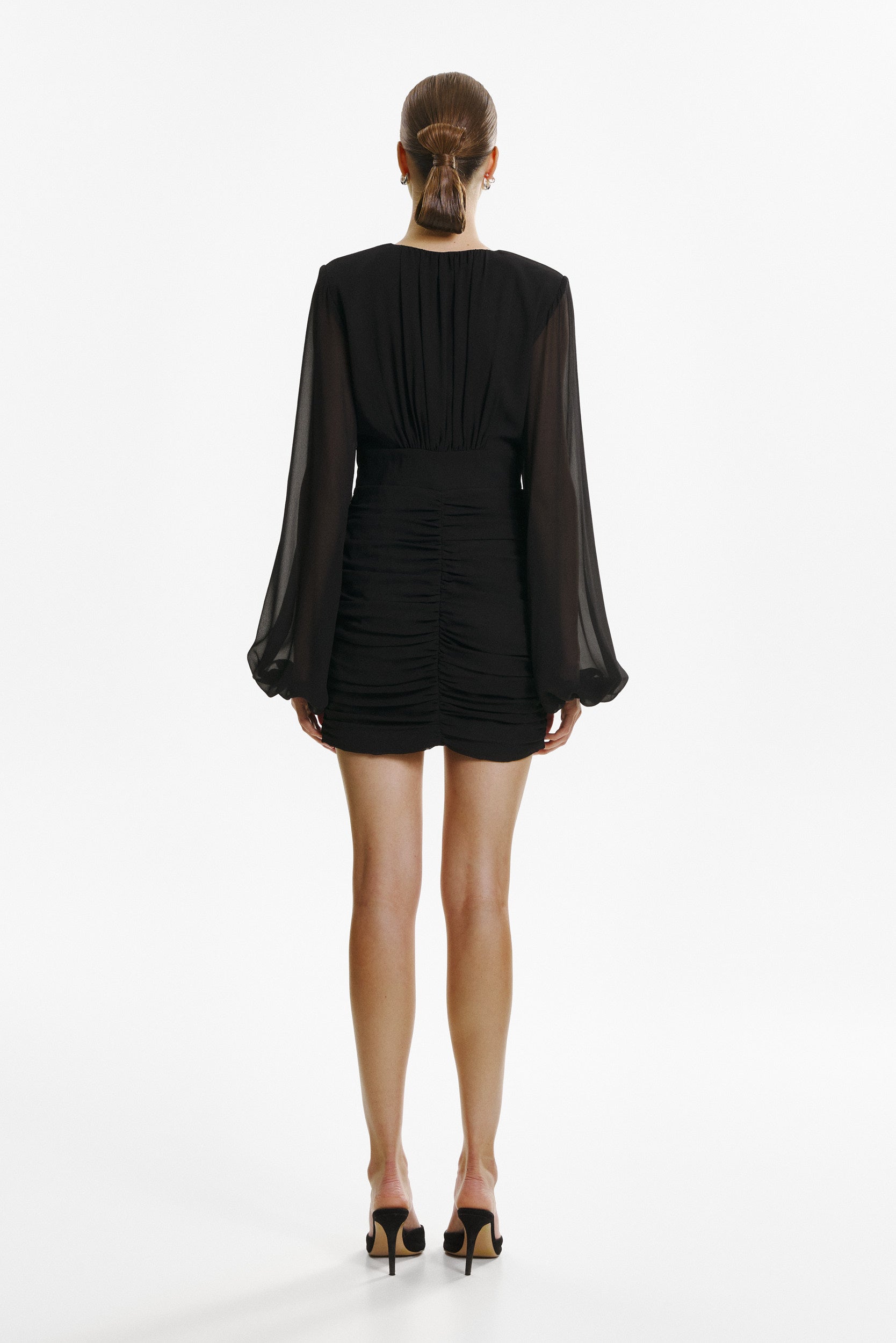 Ruched floral-appliqué black dress