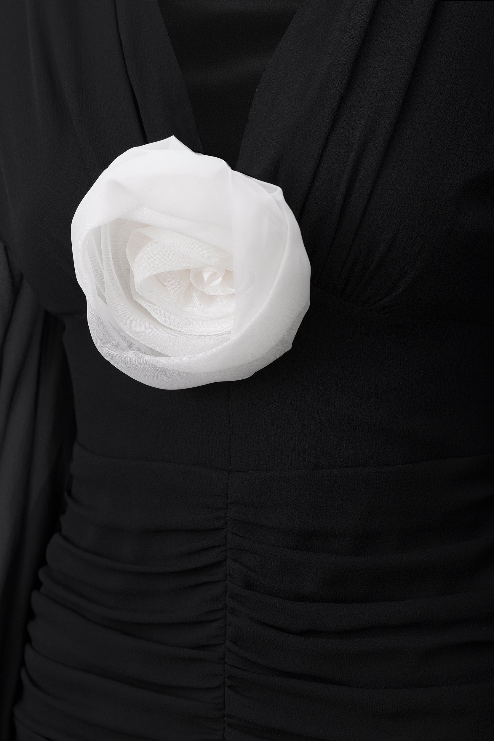 Ruched floral-appliqué black dress