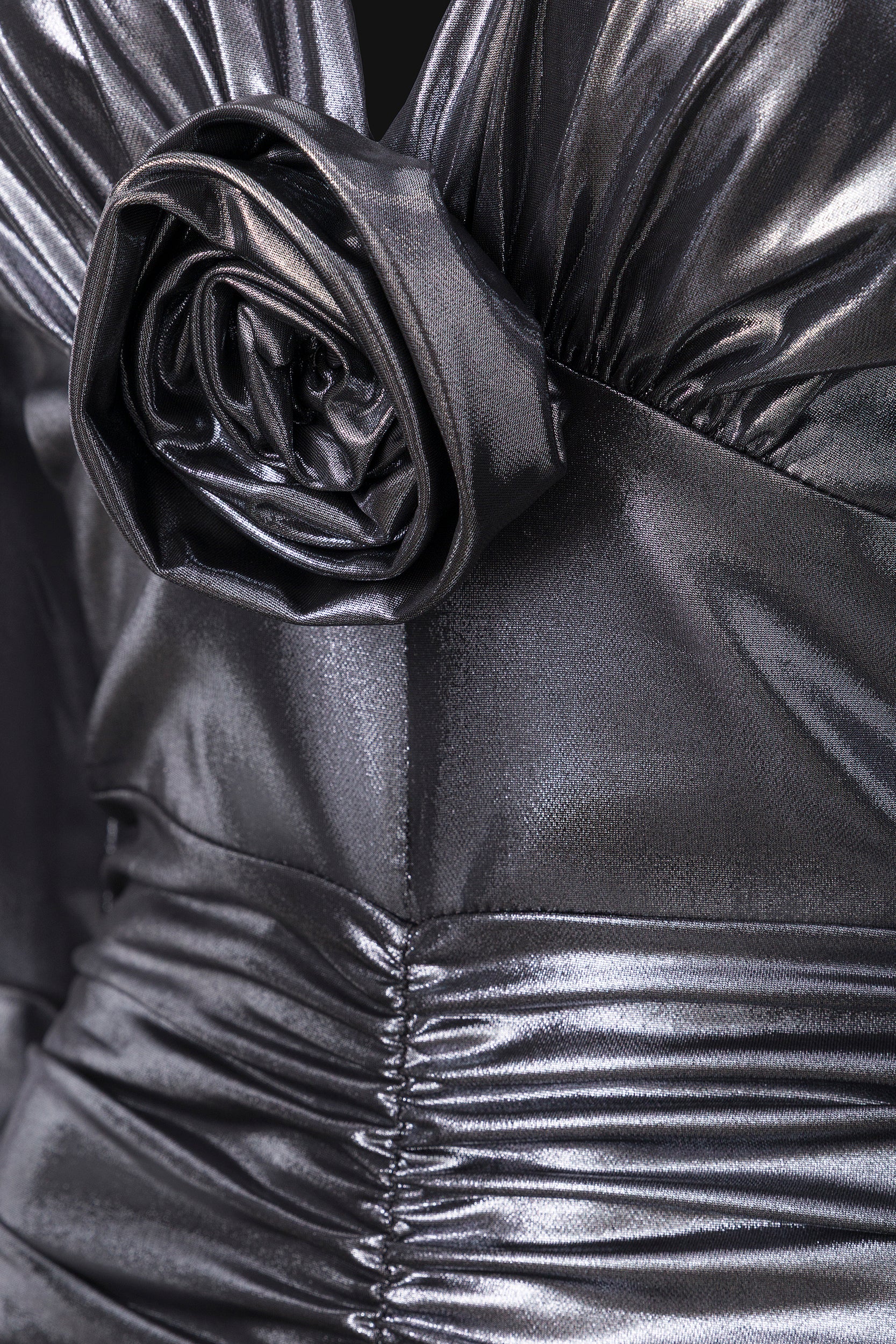 Ruched floral-appliqué metallic dress