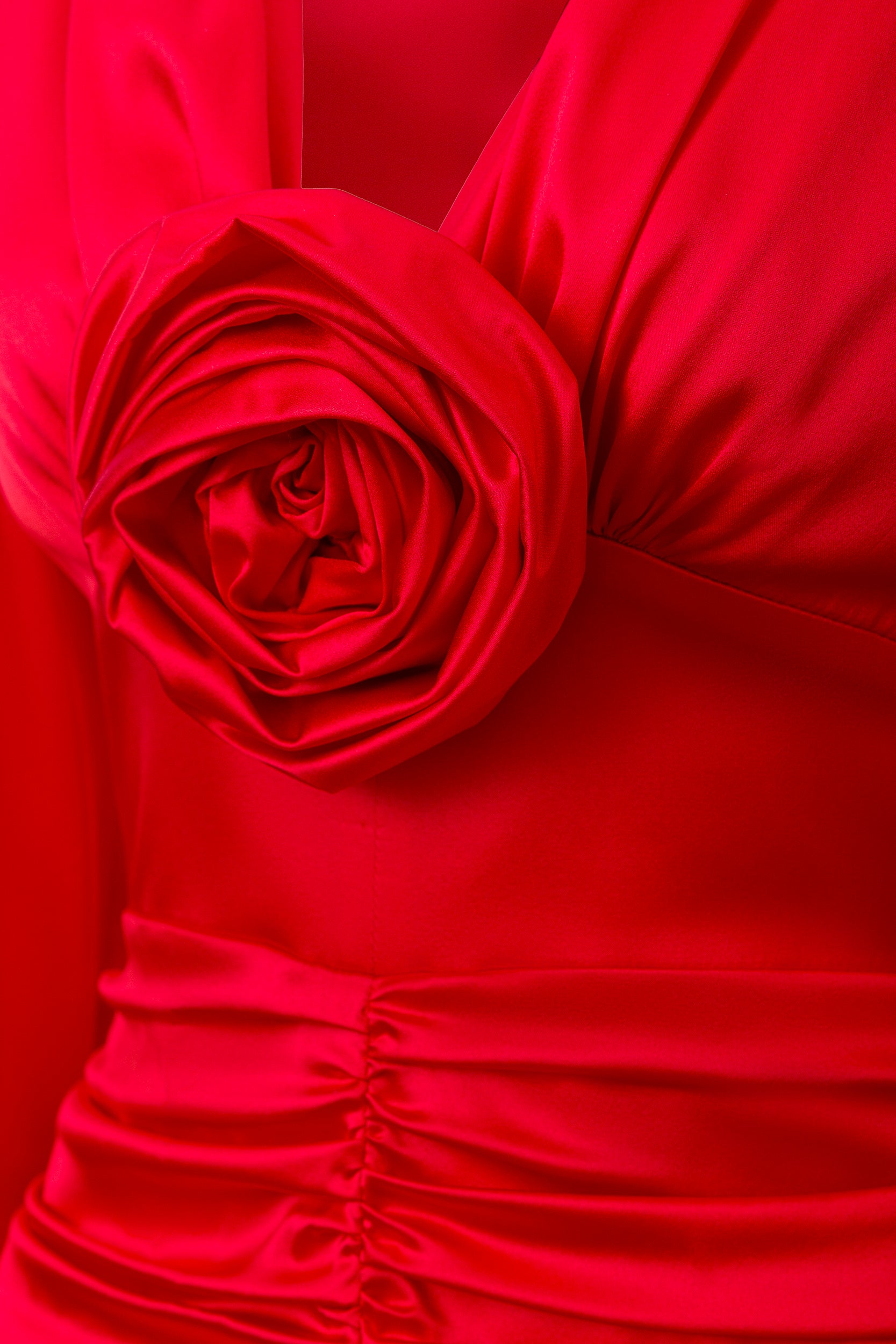 Ruched floral-appliqué red dress