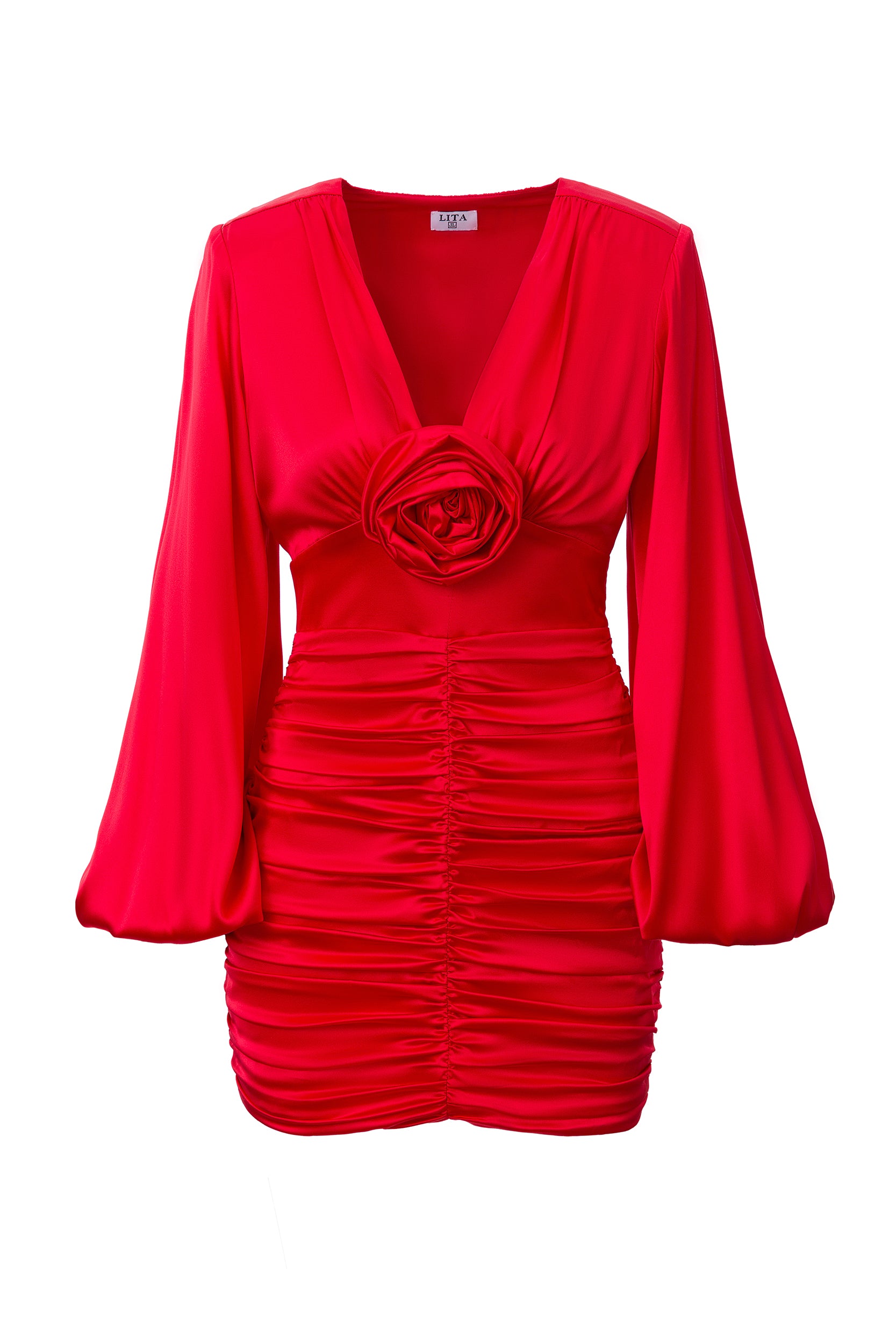Ruched floral-appliqué red dress