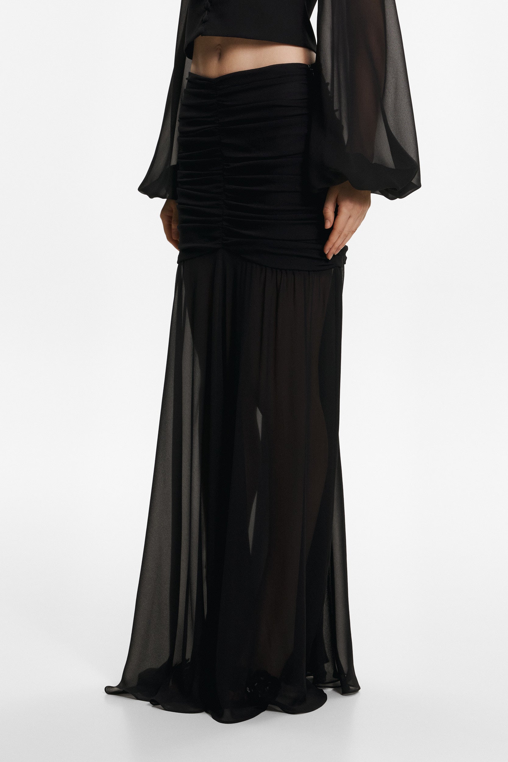 Ruched maxi skirt in black georgette silk