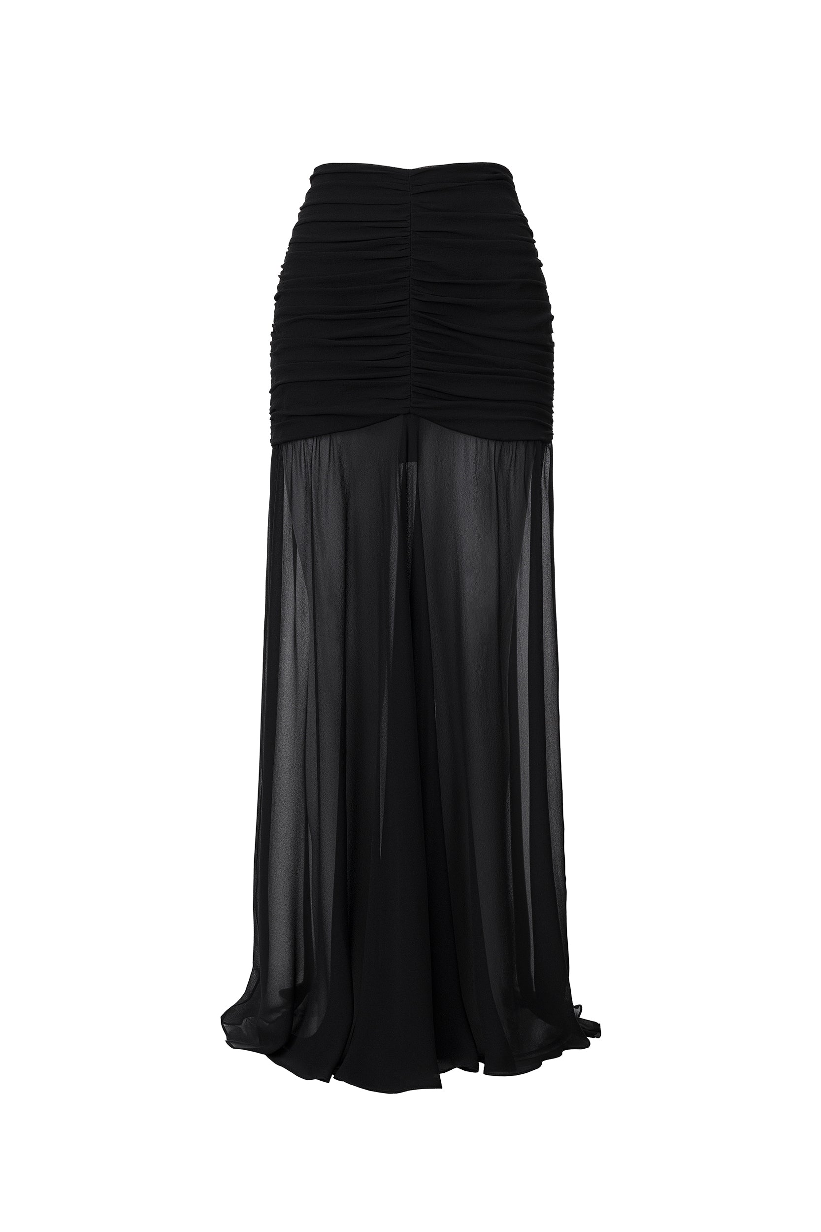 Ruched maxi skirt in black georgette silk