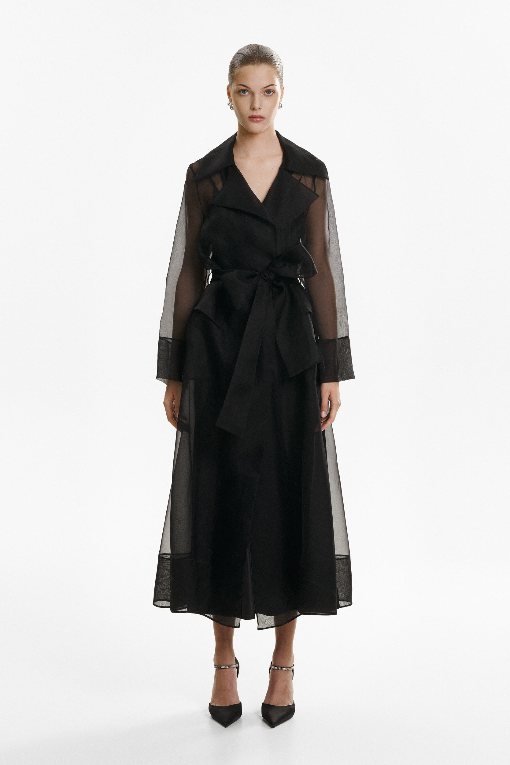 See through black organza trench dress