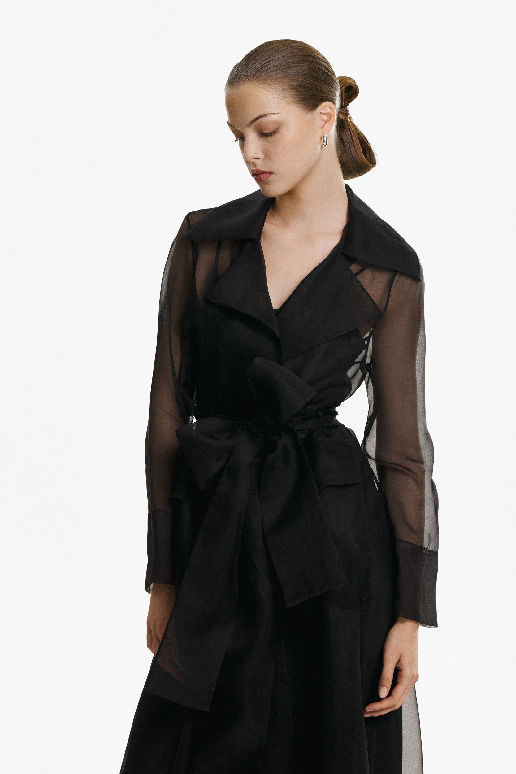 See through black organza trench dress