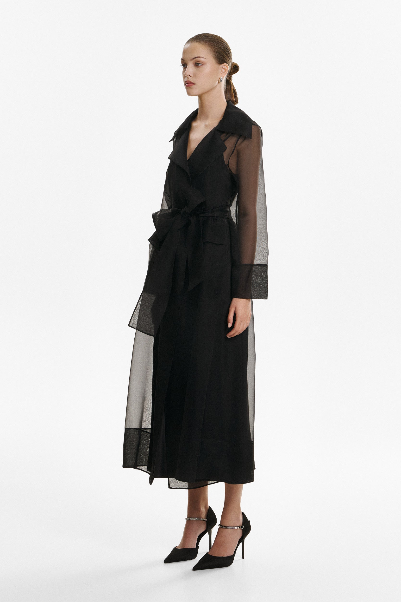 See through black organza trench dress