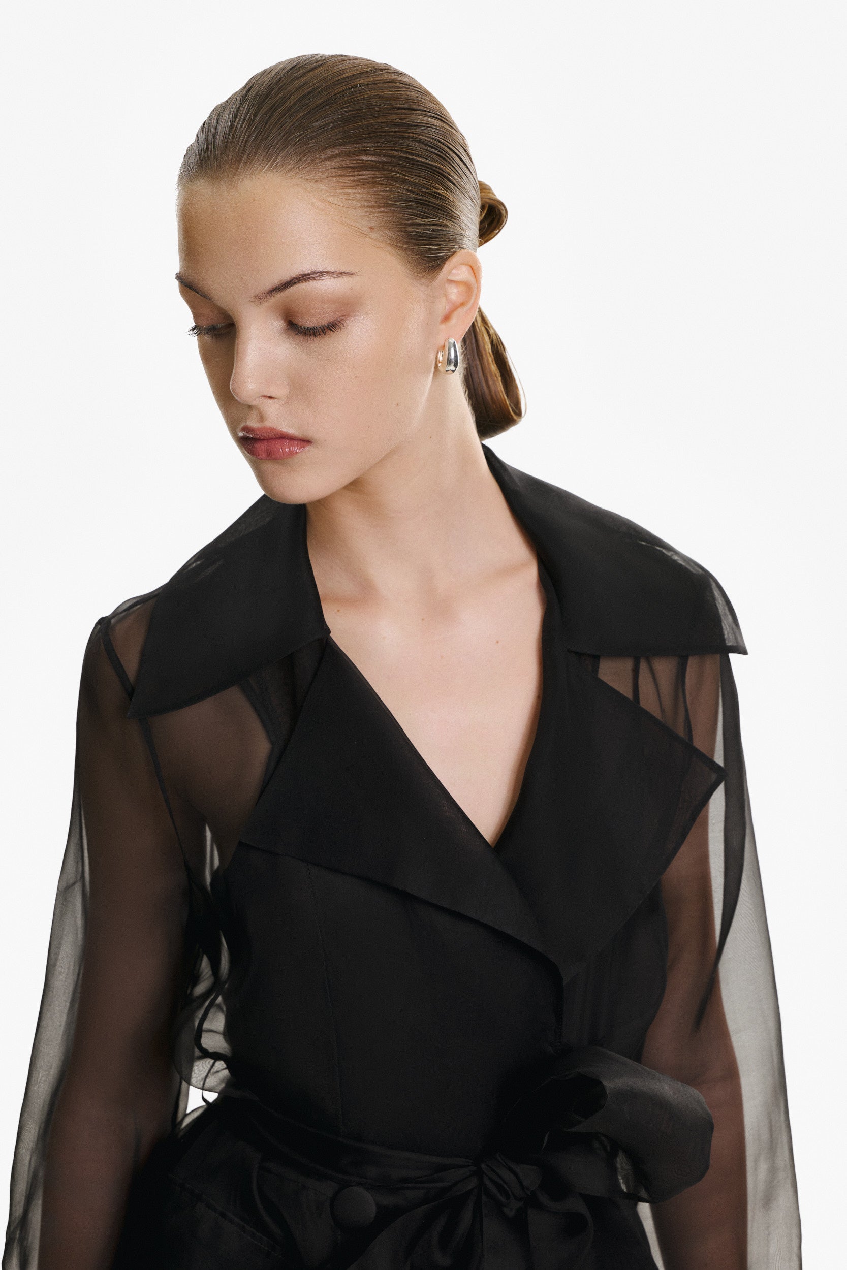 See through black organza trench dress