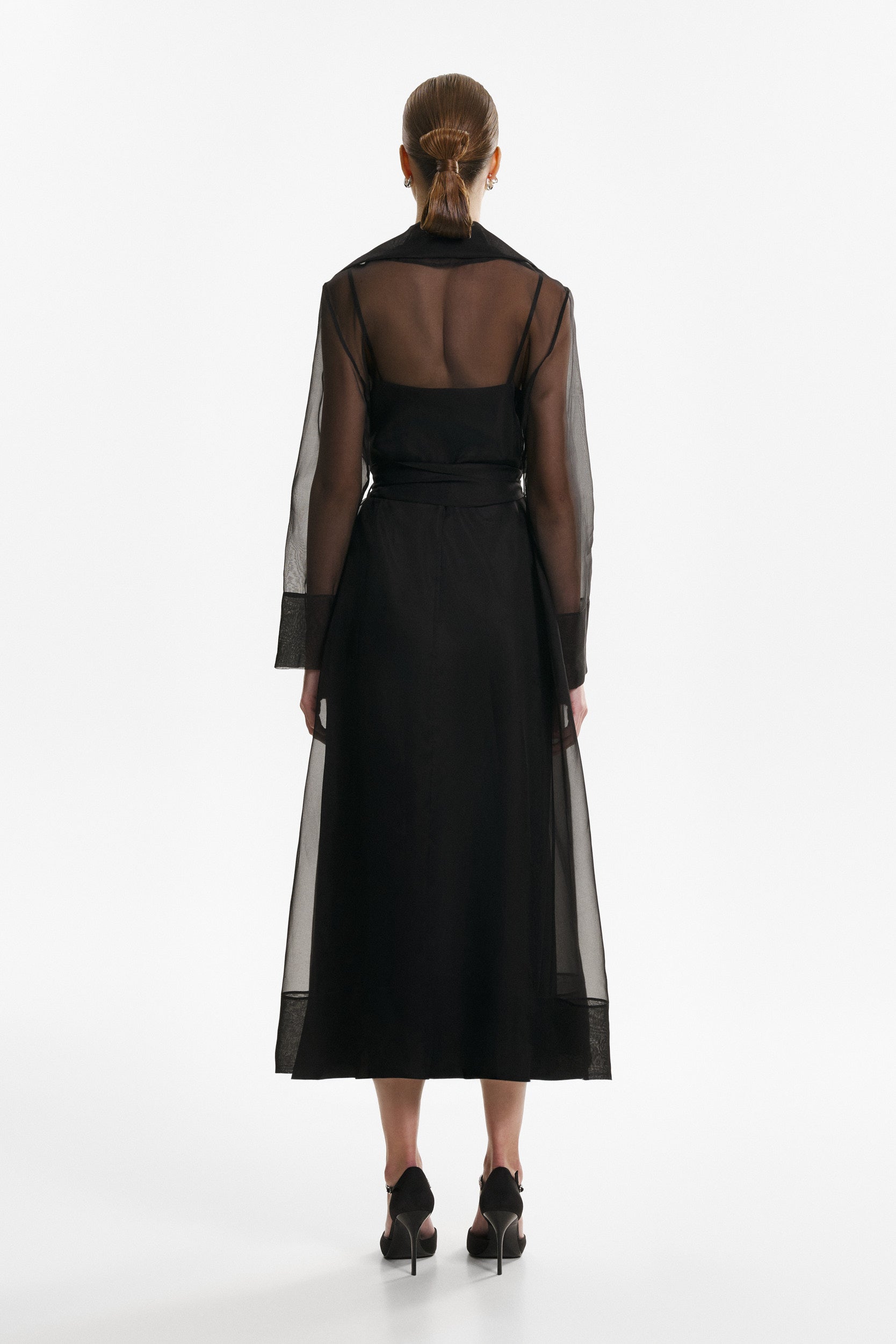 See through black organza trench dress