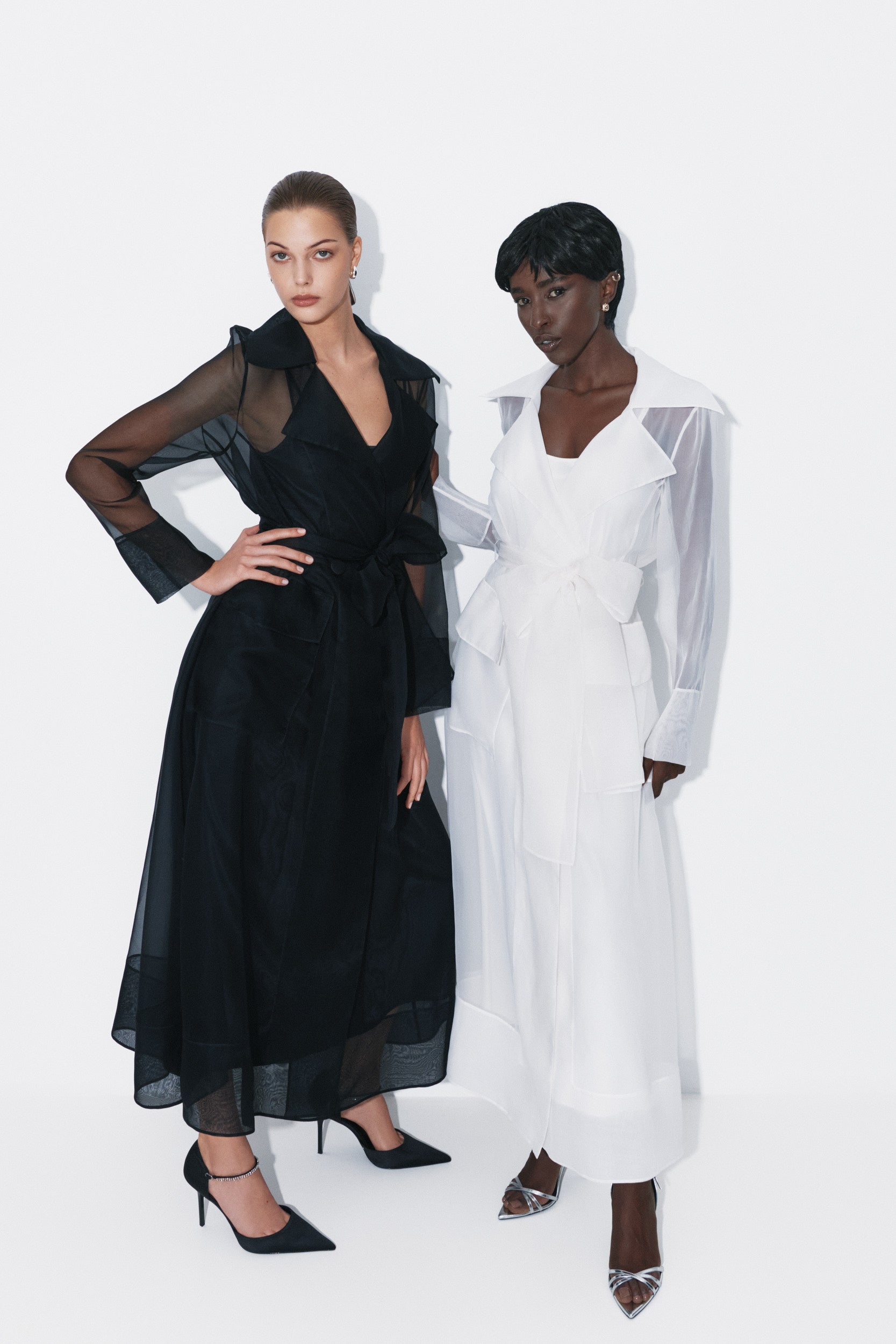See through black organza trench dress