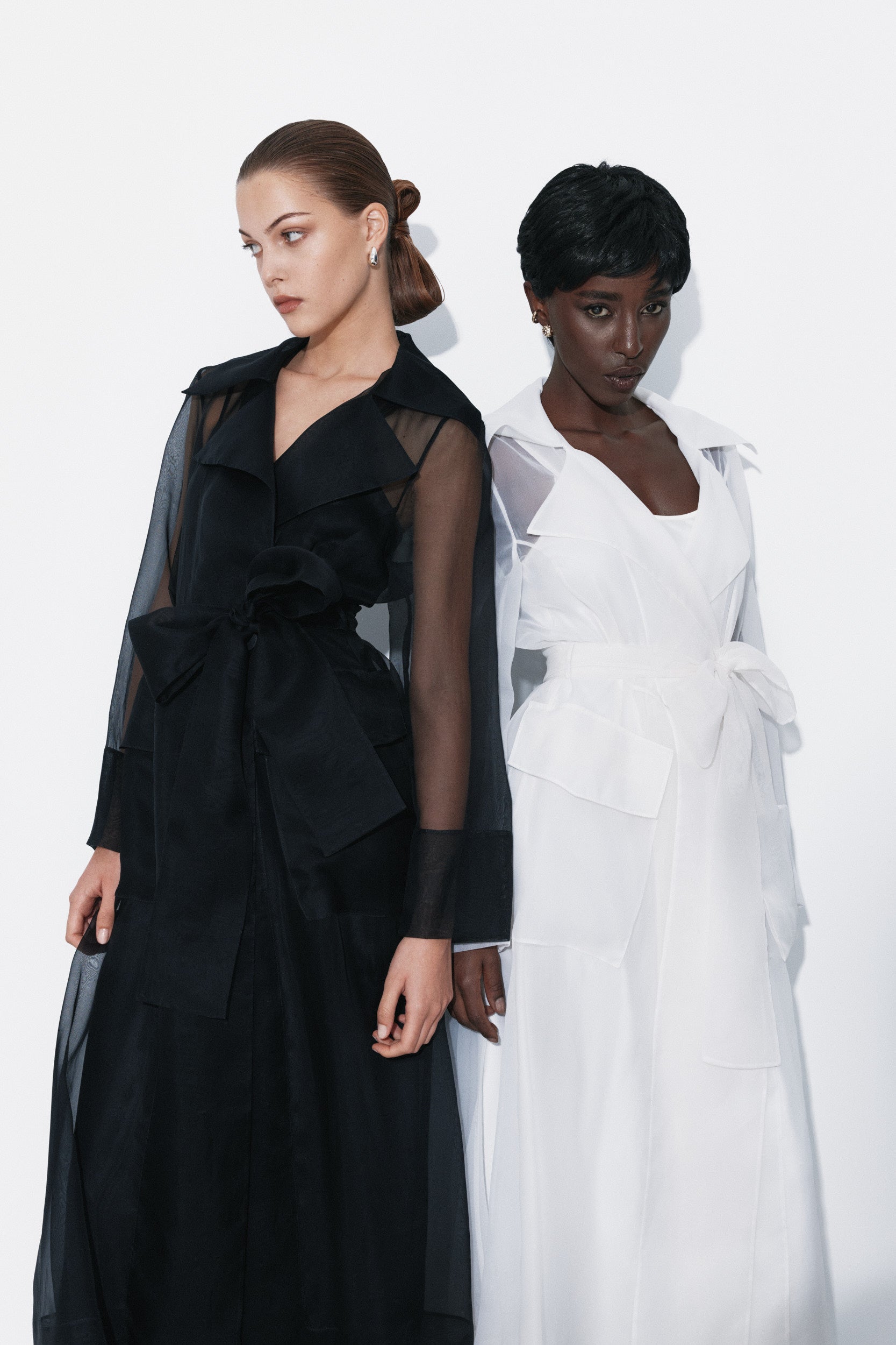 See through black organza trench dress
