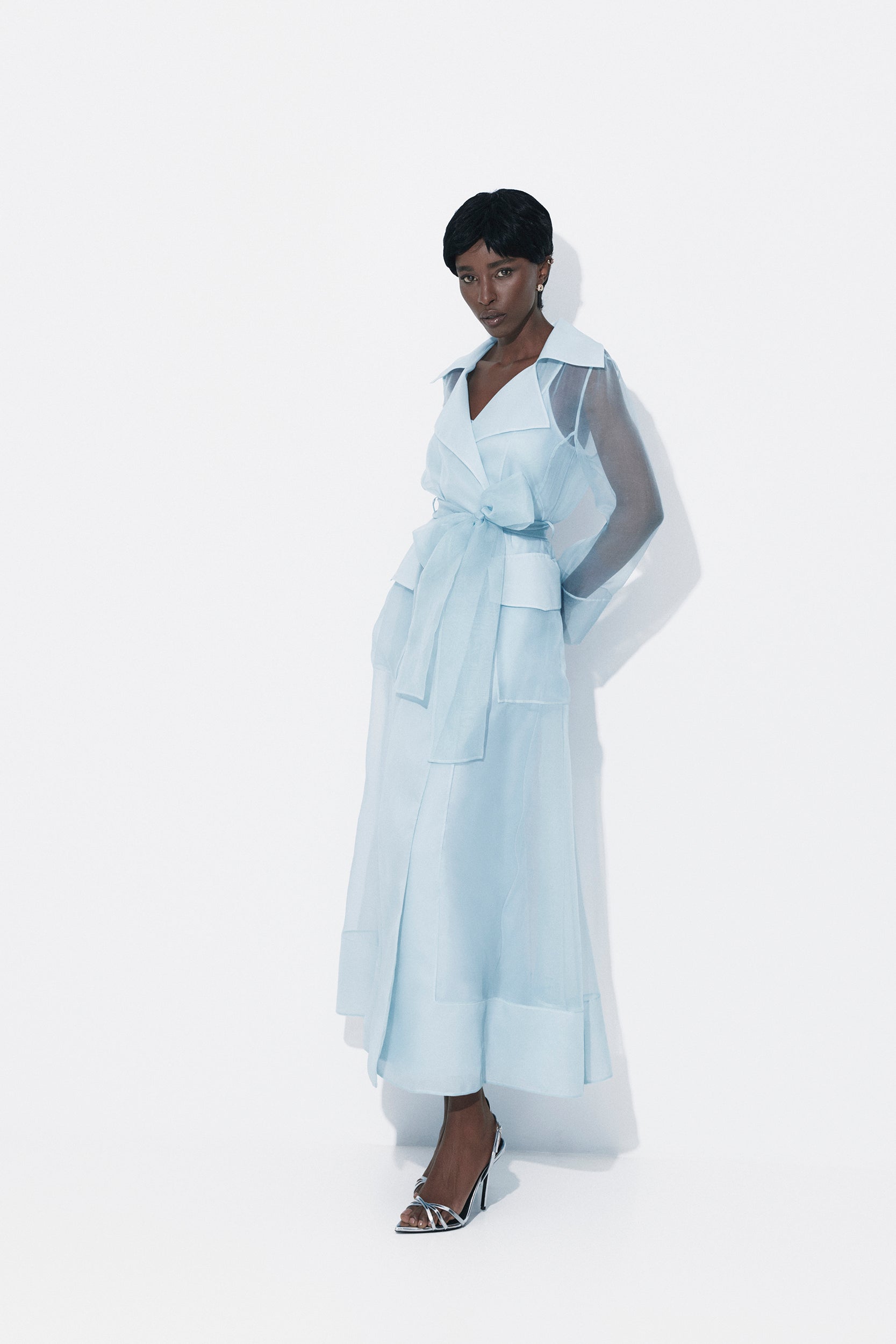 See through blue organza trench dress