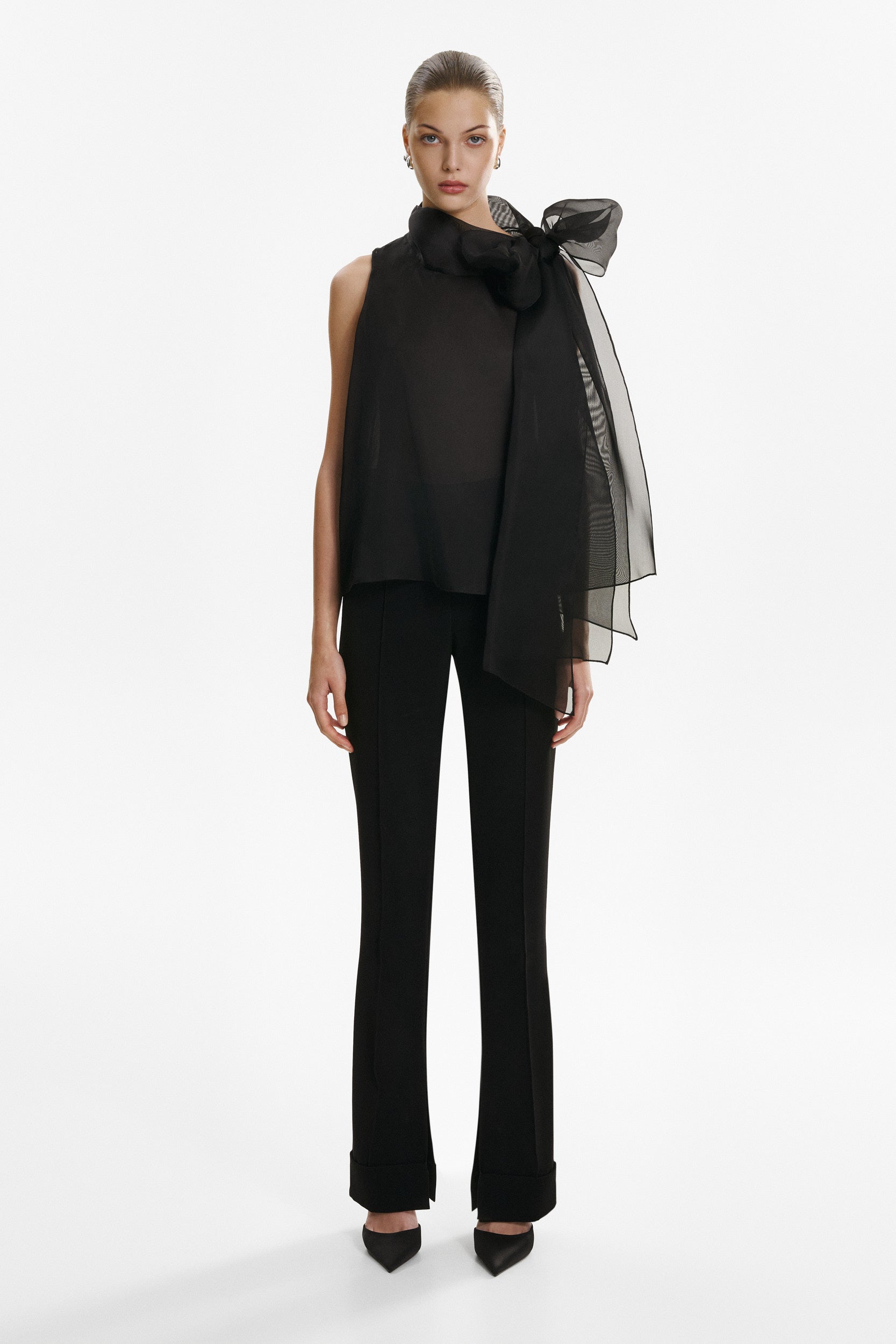 Short-Sleeve Sheer Black Bow Blouse