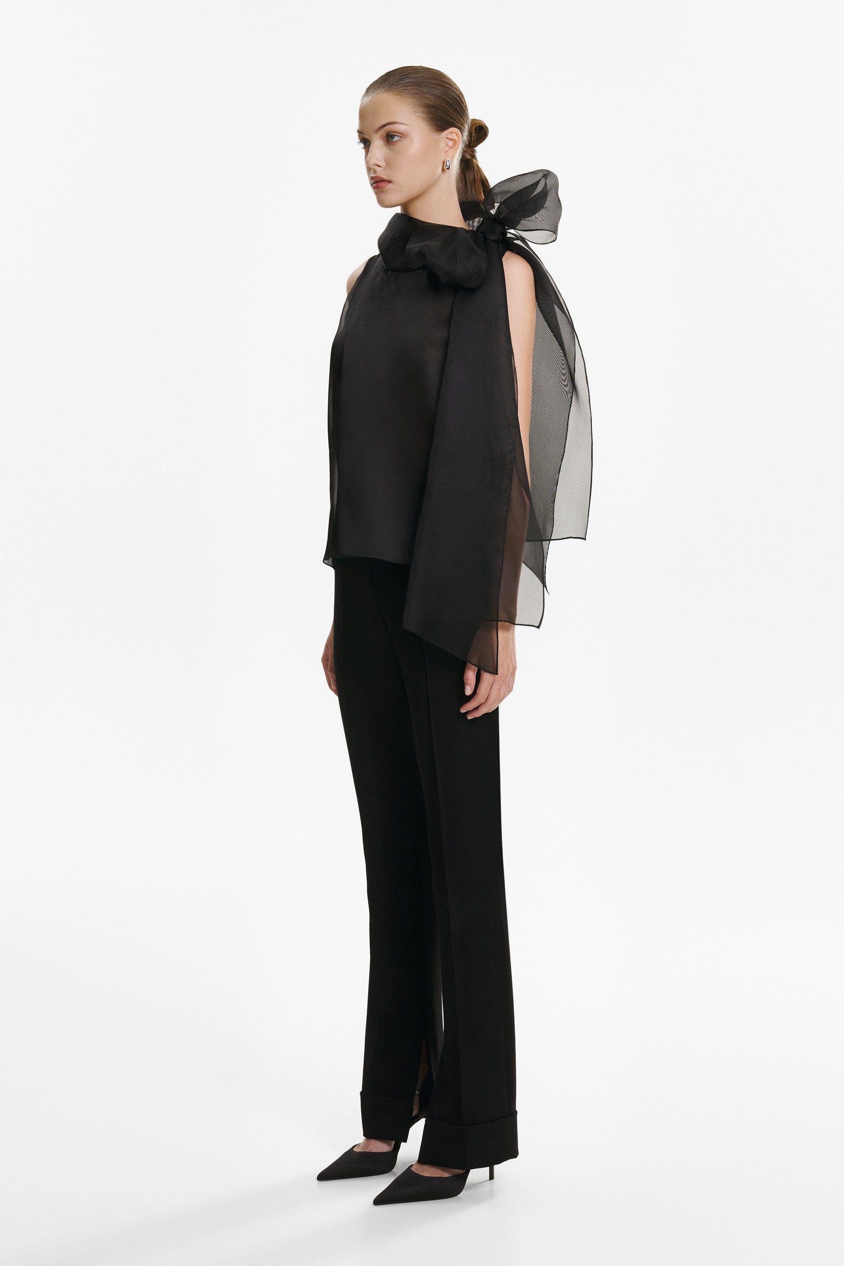 Short-Sleeve Sheer Black Bow Blouse